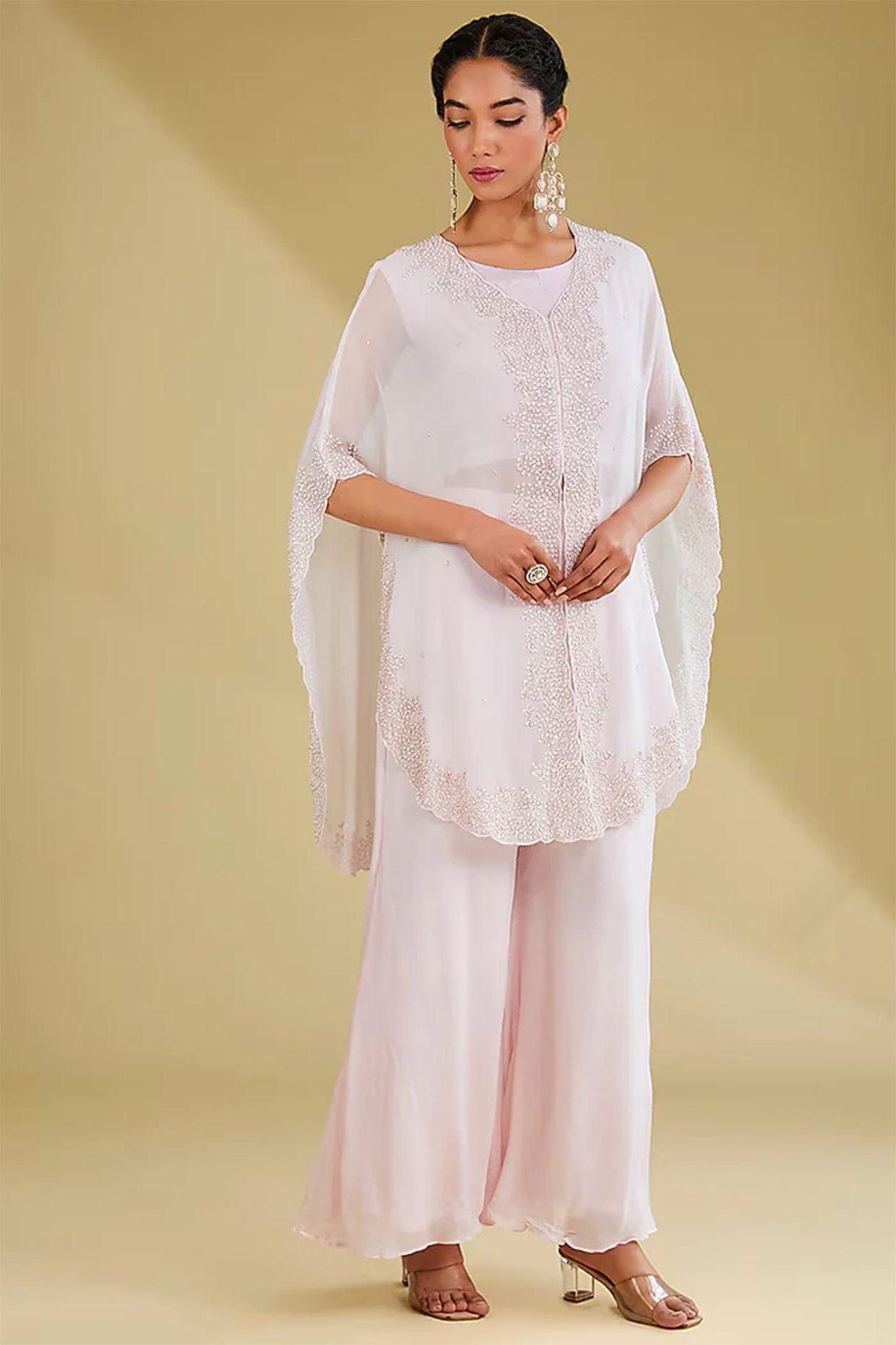 Baby Pink Organza Cutdana Embroidered Cape Set