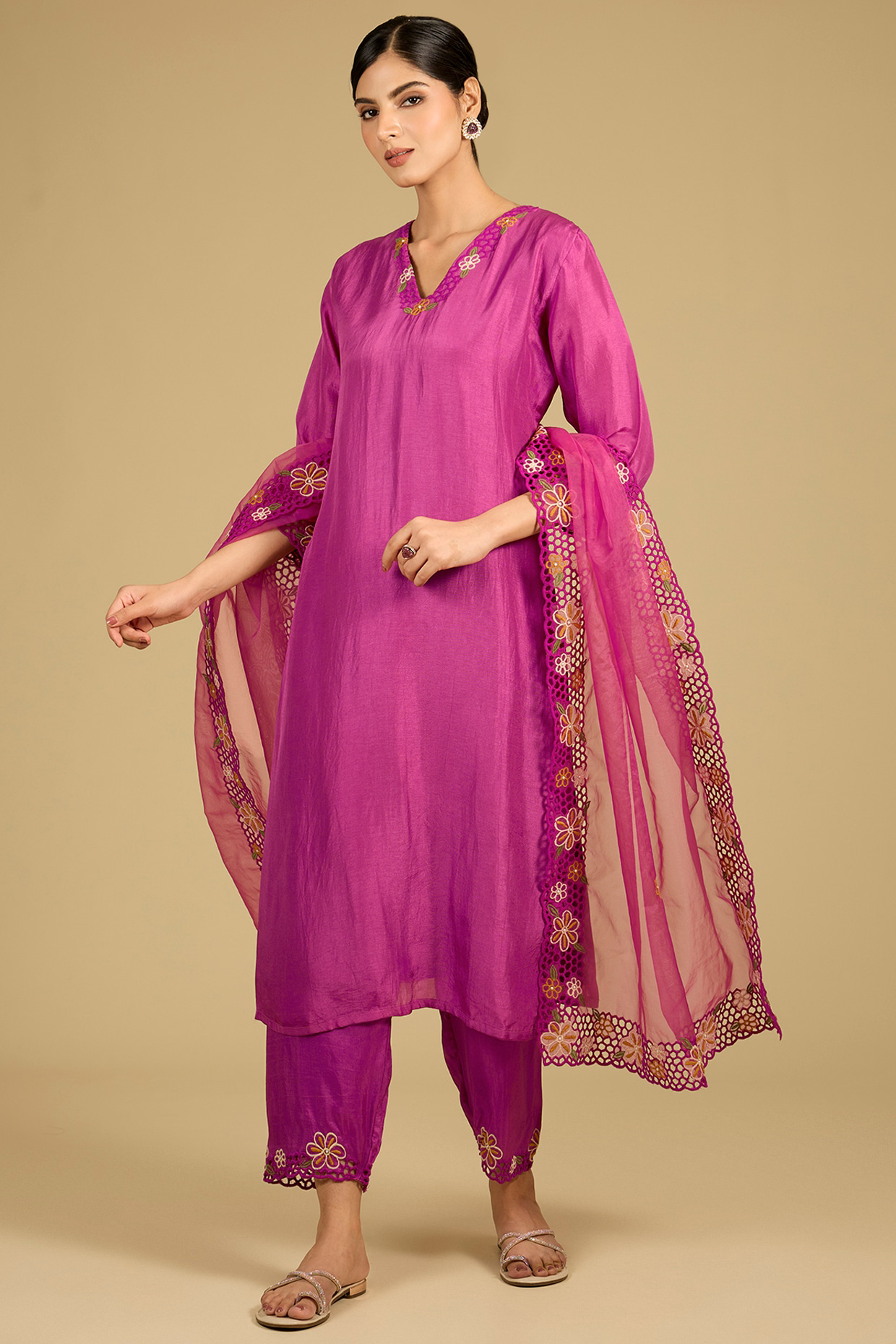 Deep Pink Cotton Chanderi Thread Work Kurta Set
