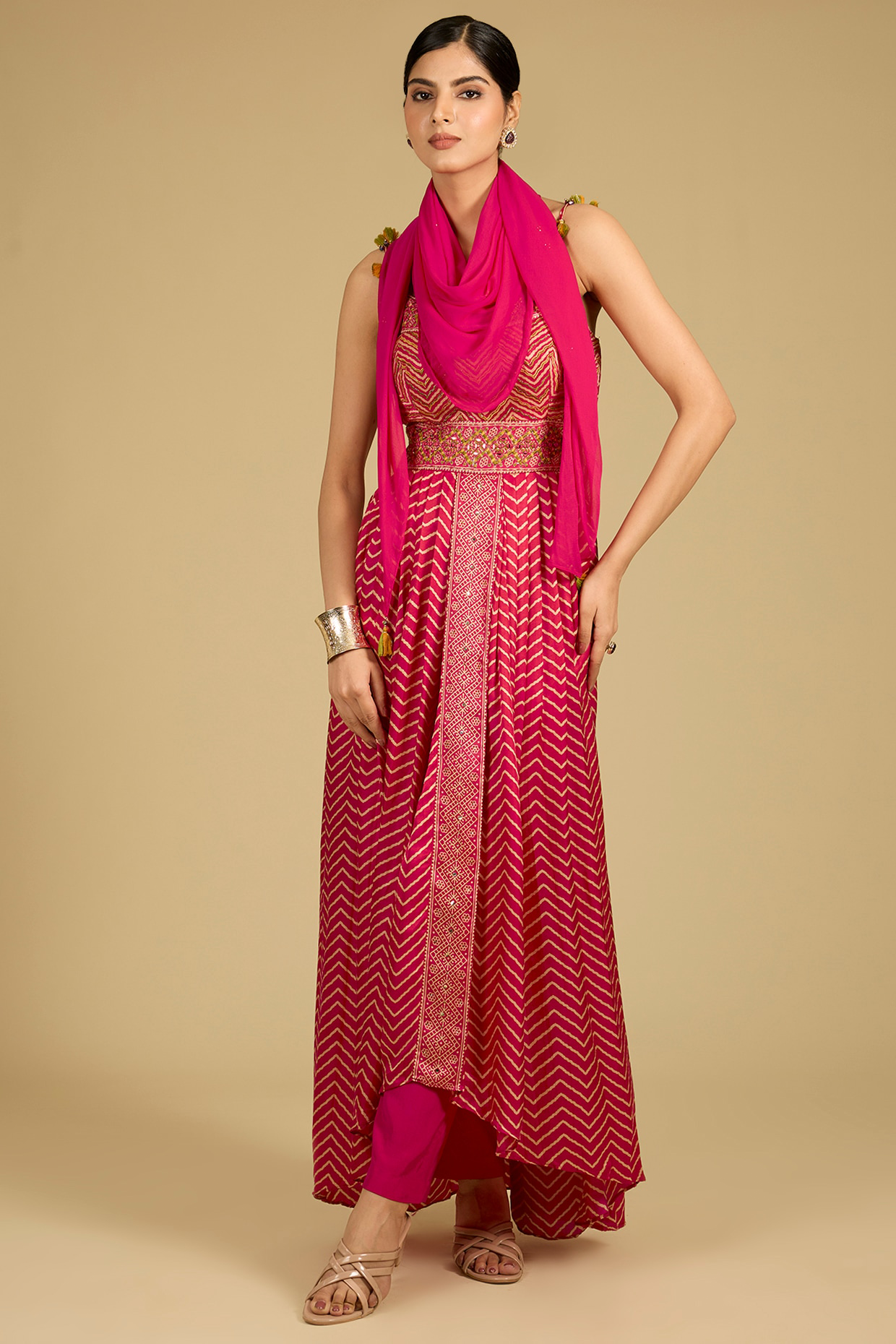 Fuchsia Mashru Silk Printed & Mirror Work Anarkali Set