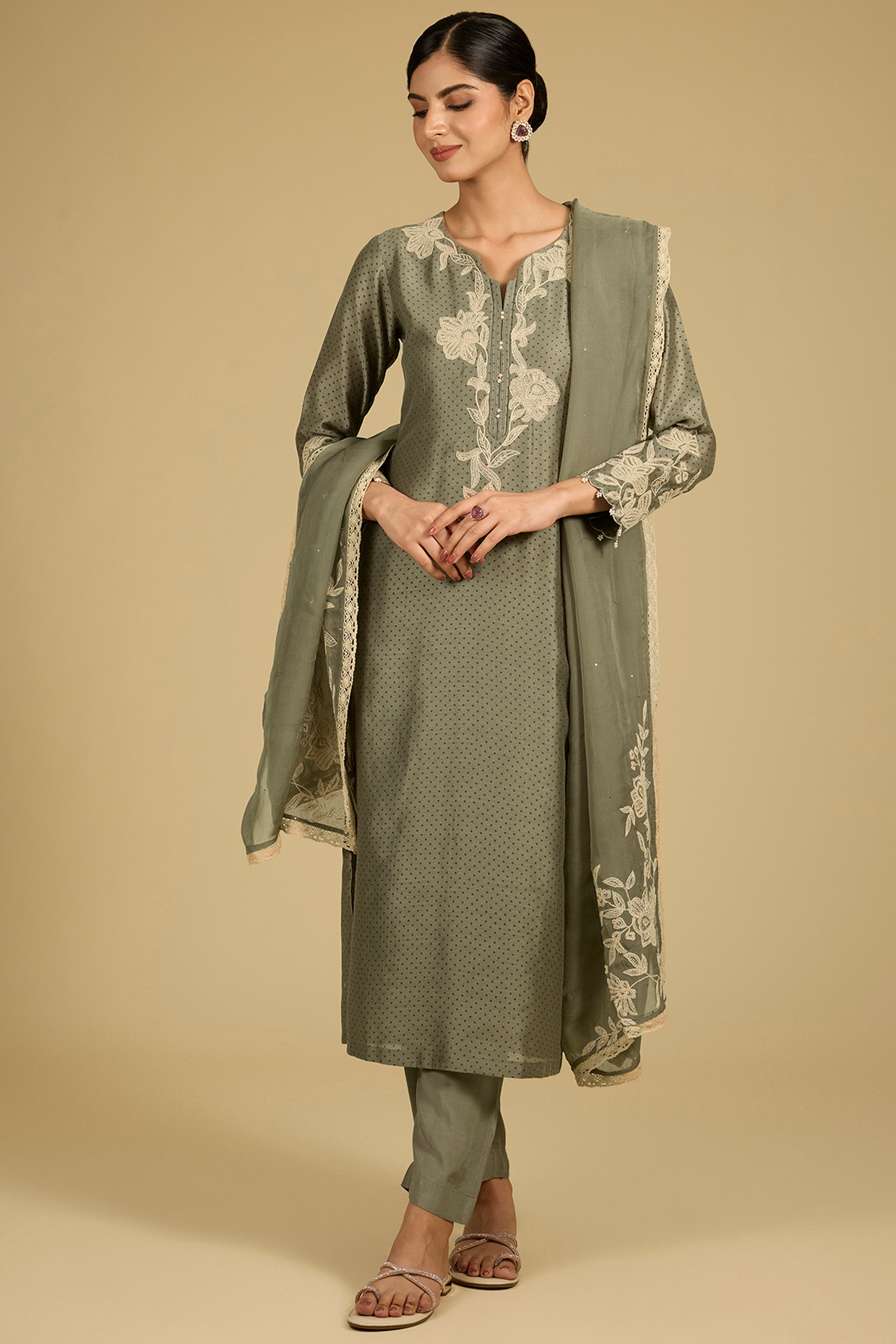 Sage Green Bamberg Silk Pearl Work Kurta Set
