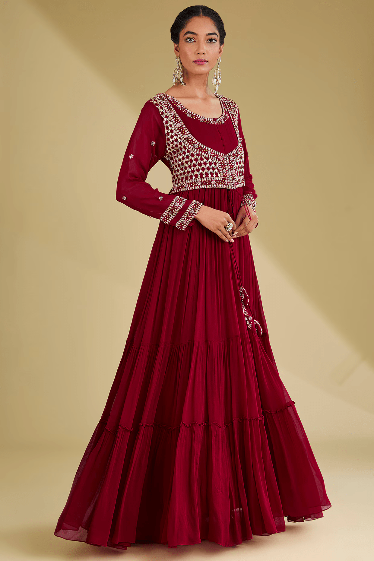 Red Georgette Resham & Dabka Embroidered Tiered Anarkali