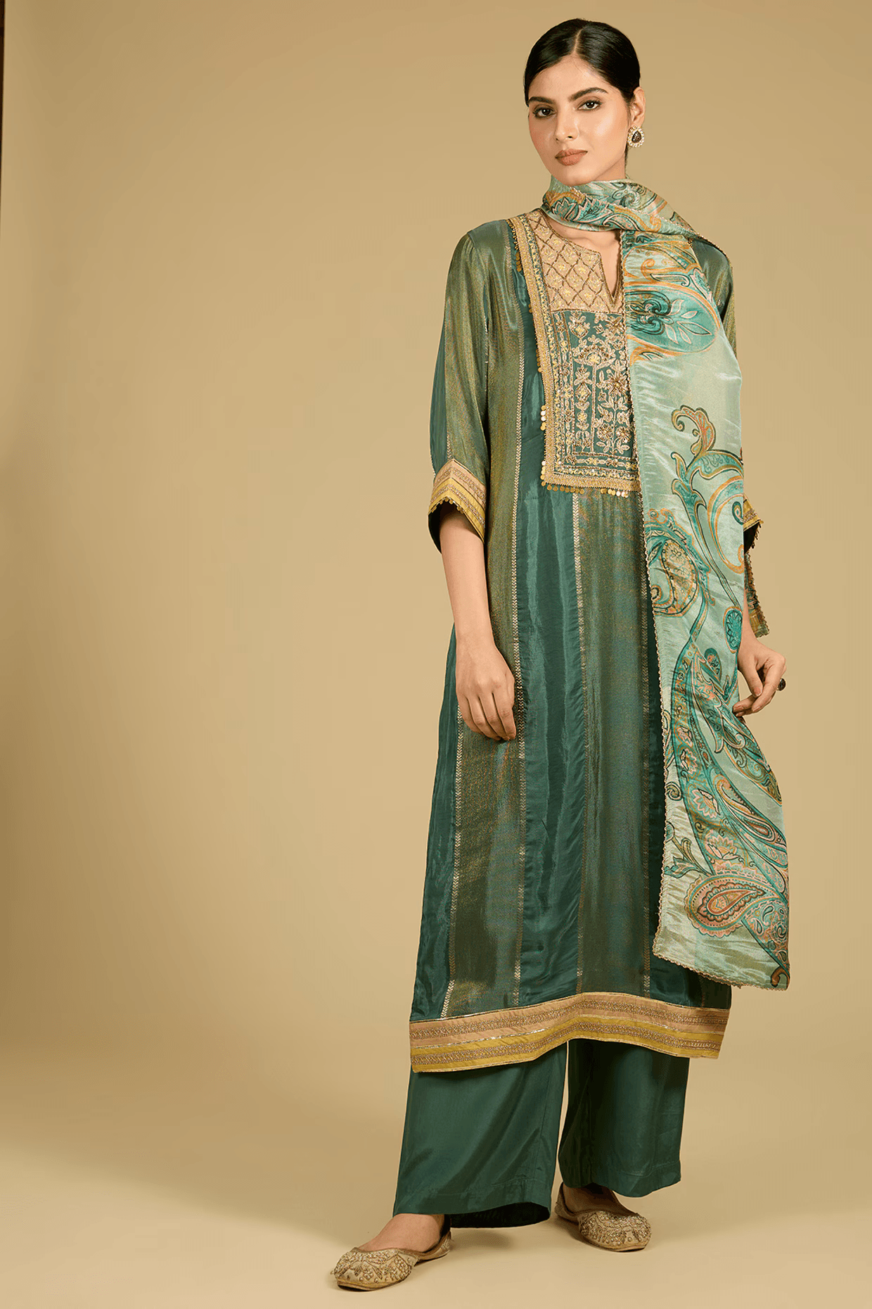 Sage Green Shimmer Tissue Sequins Work Kurta Set