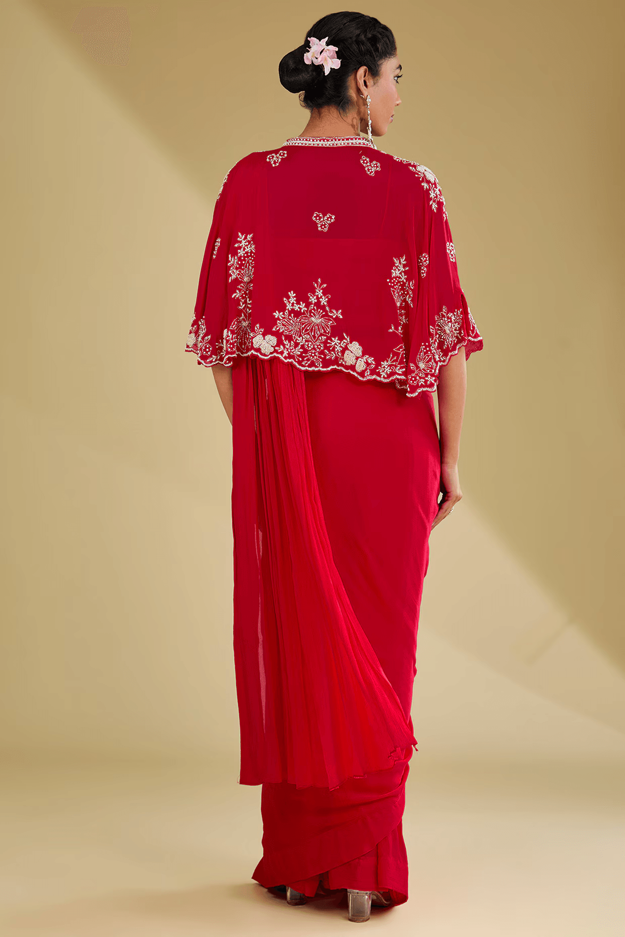 Tomato Red Chinon Georgette Cutdana Embroidered Pleated Stitched Saree Set