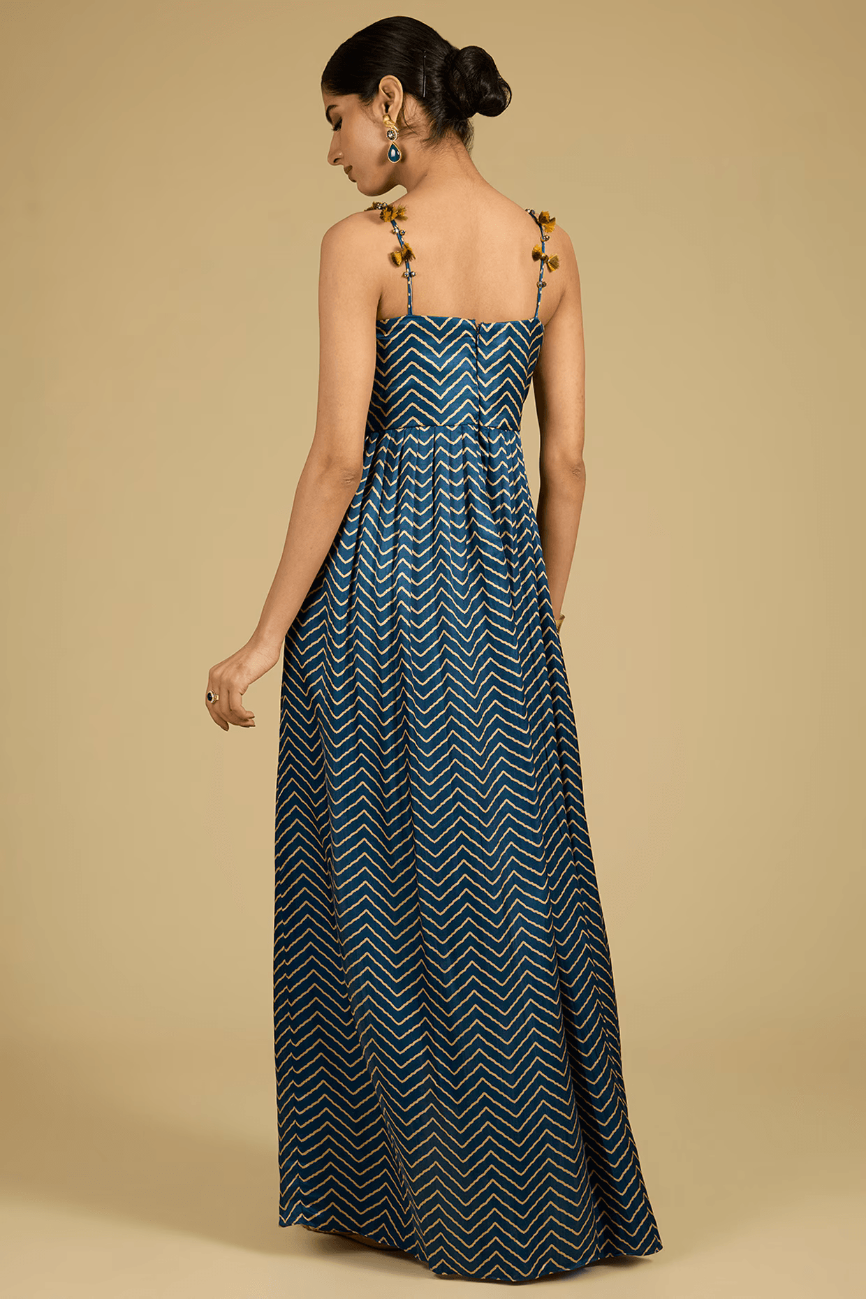 Cobalt Blue Mashru Silk Printed & Mirror Work Anarkali Set