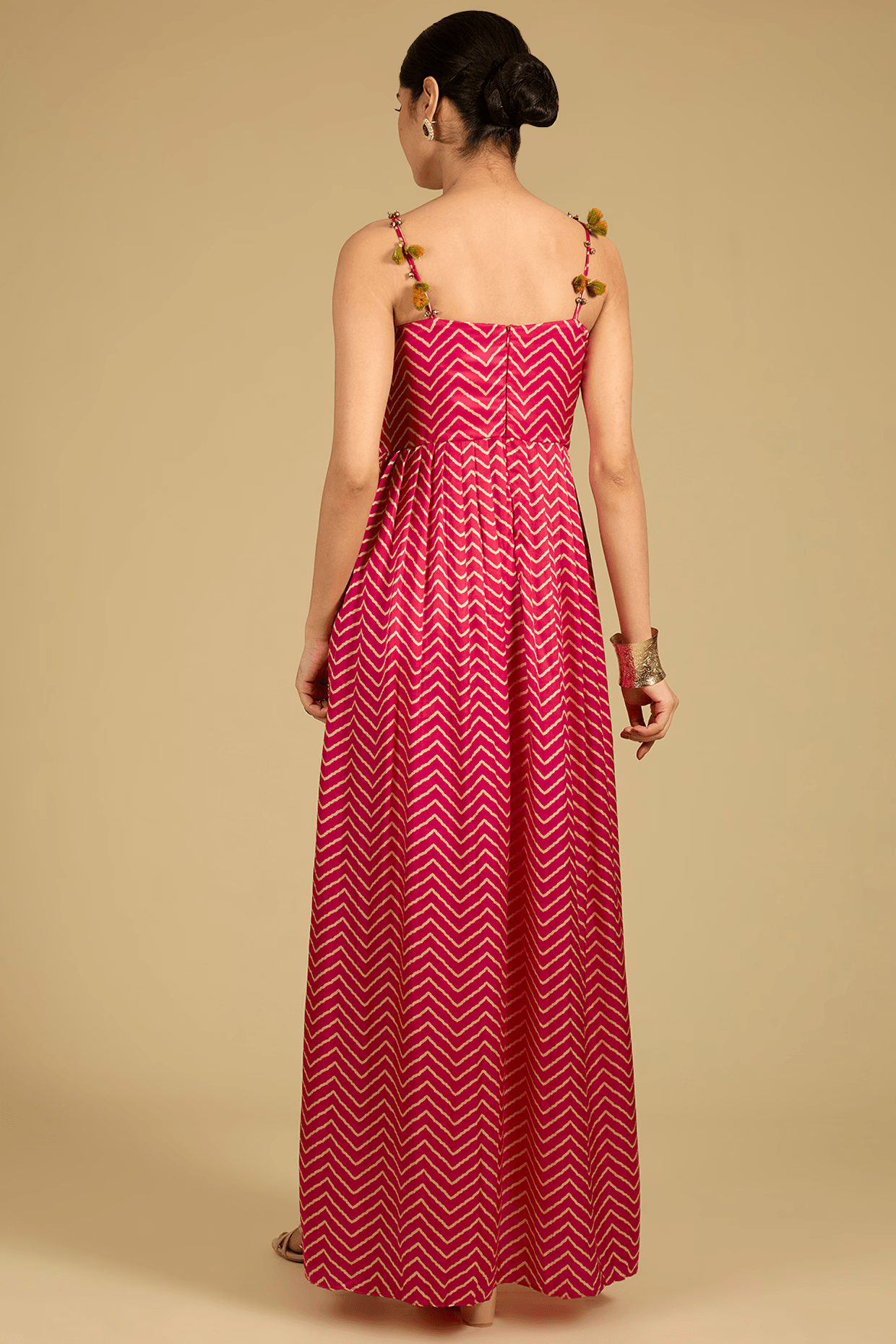 Fuchsia Mashru Silk Printed & Mirror Work Anarkali Set