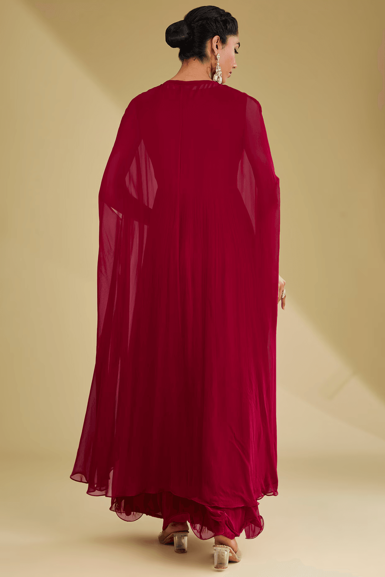 Red Georgette Sequins Embroidered Gown With Jacket