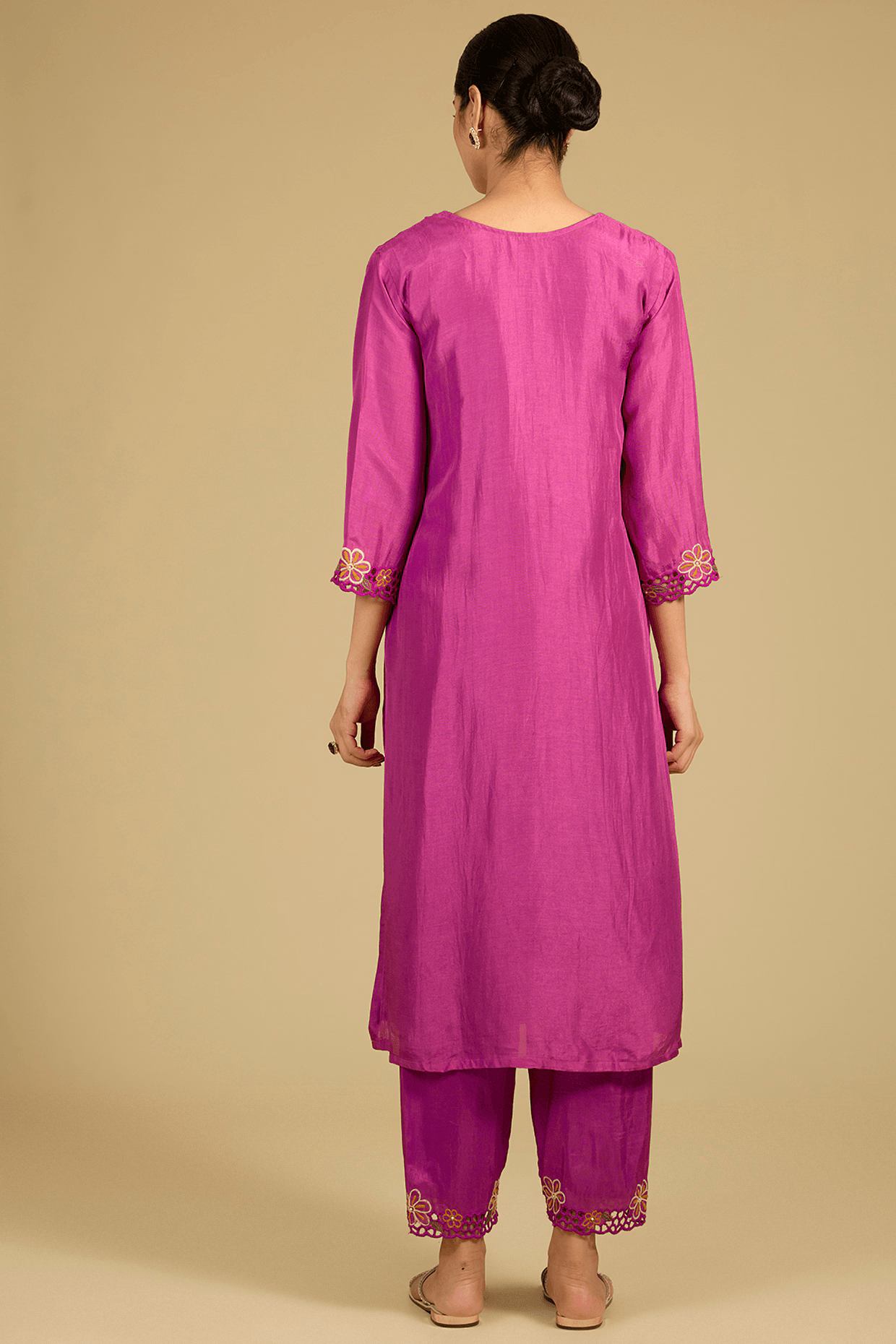 Deep Pink Cotton Chanderi Thread Work Kurta Set
