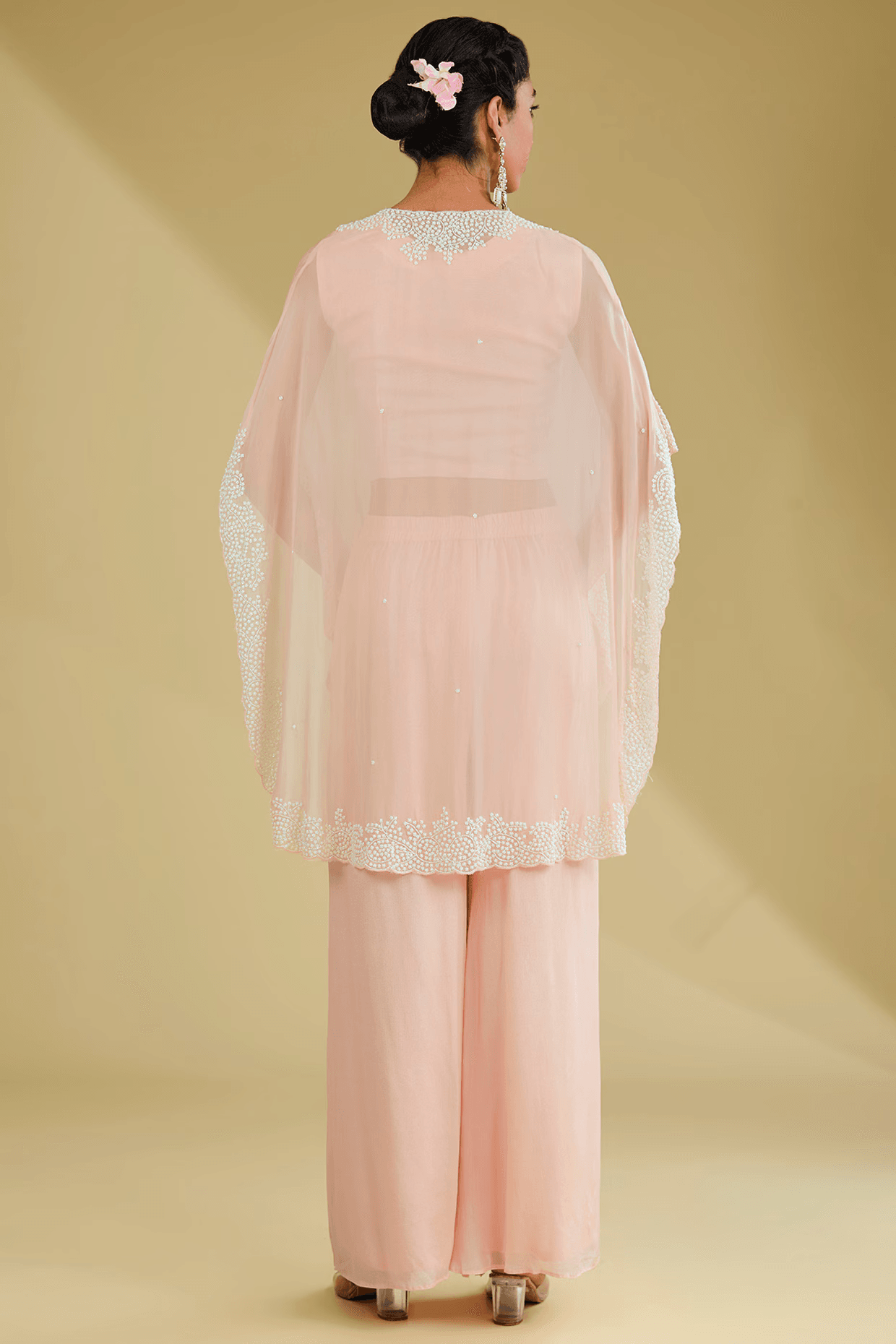 Peach Organza Cutdana Embroidered Cape Set