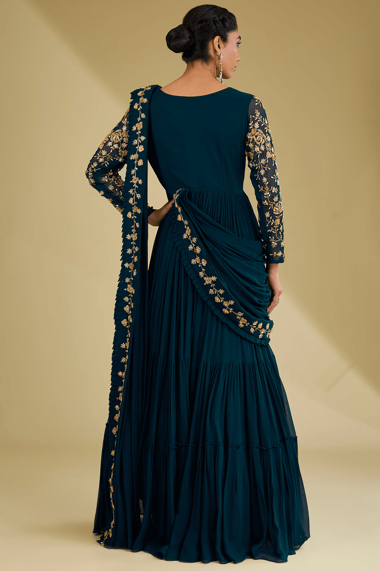 Navy Blue Georgette Sequins Embroidered Draped Gown Saree