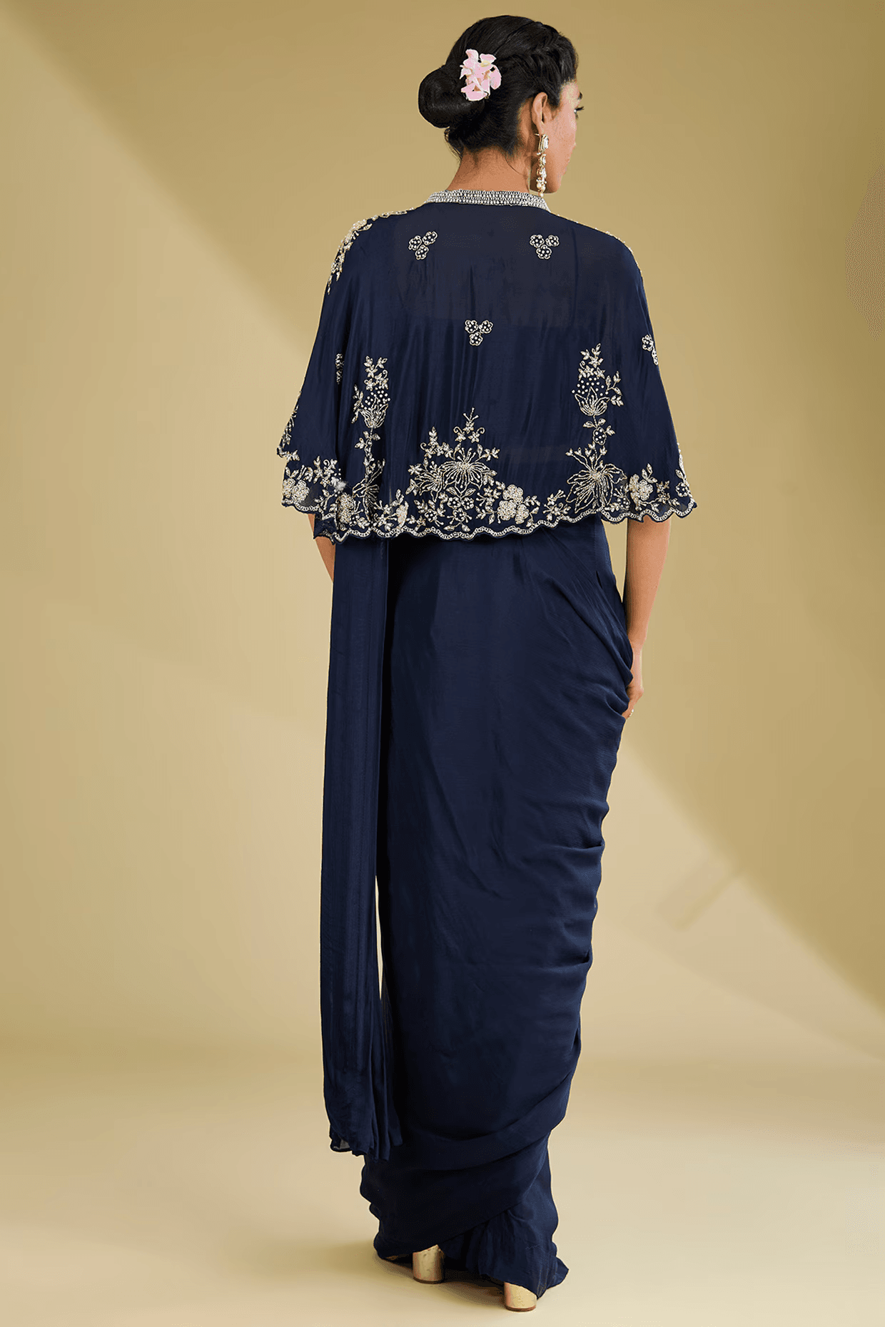 Navy Blue Chinon Georgette Cutdana Embroidered Pre-Stitched Saree Set