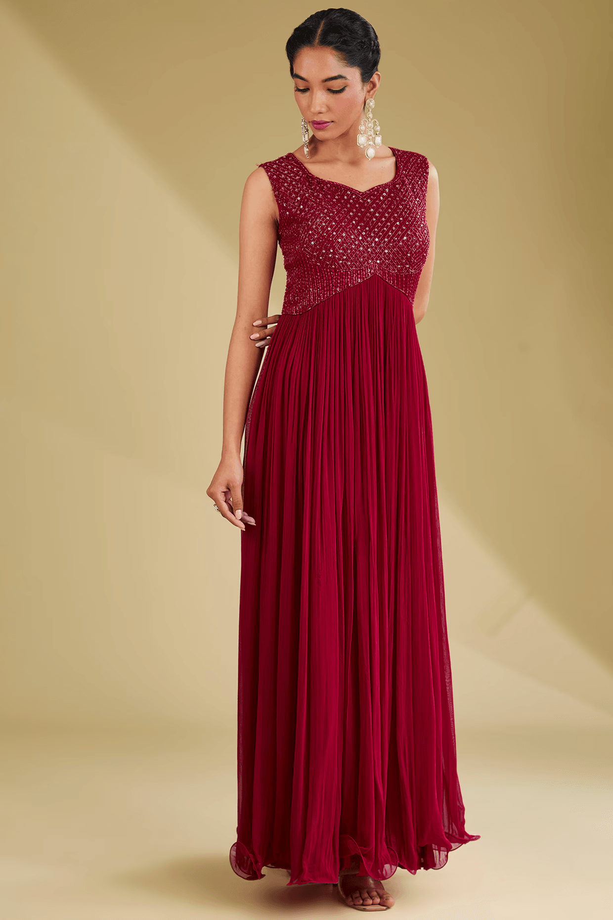 Red Georgette Sequins Embroidered Gown With Jacket