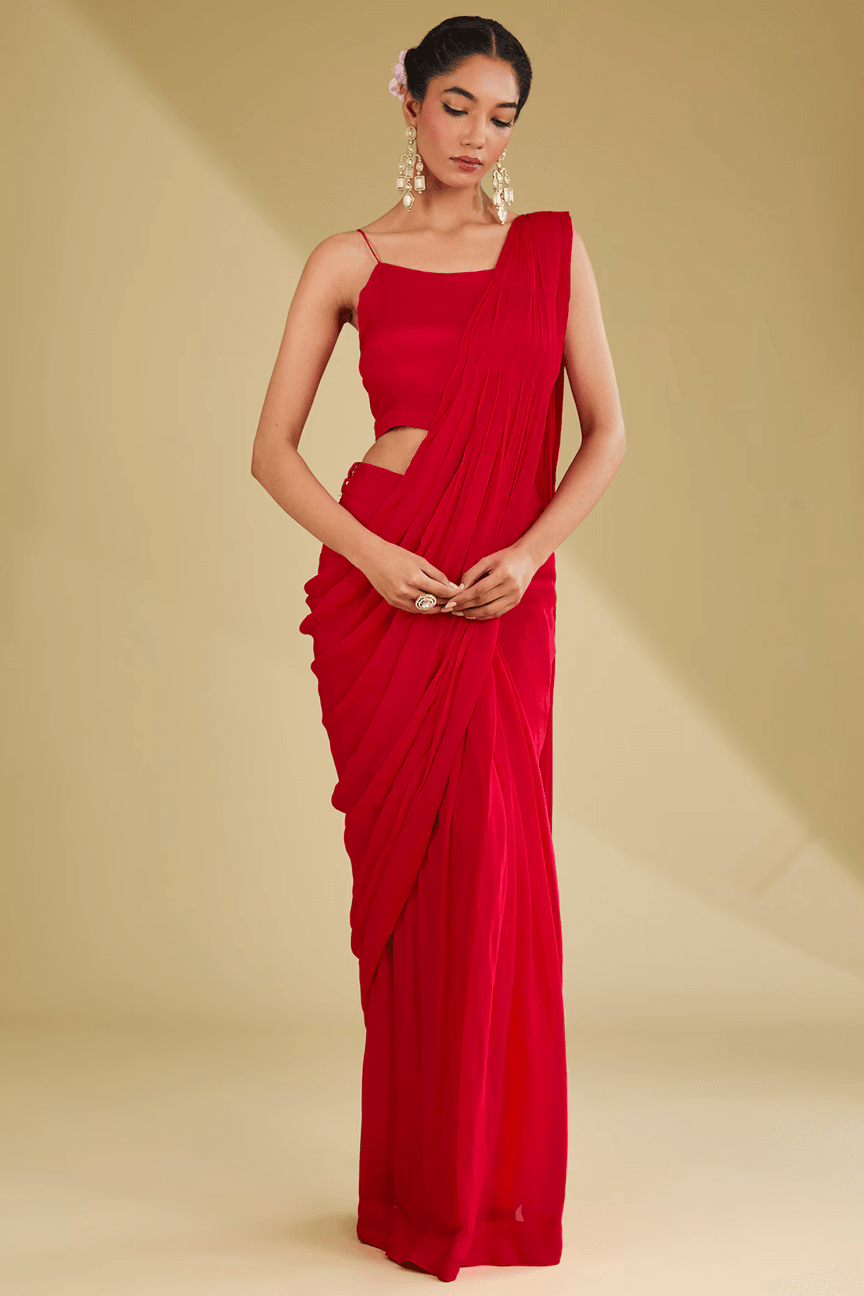 Tomato Red Chinon Georgette Cutdana Embroidered Pleated Stitched Saree Set