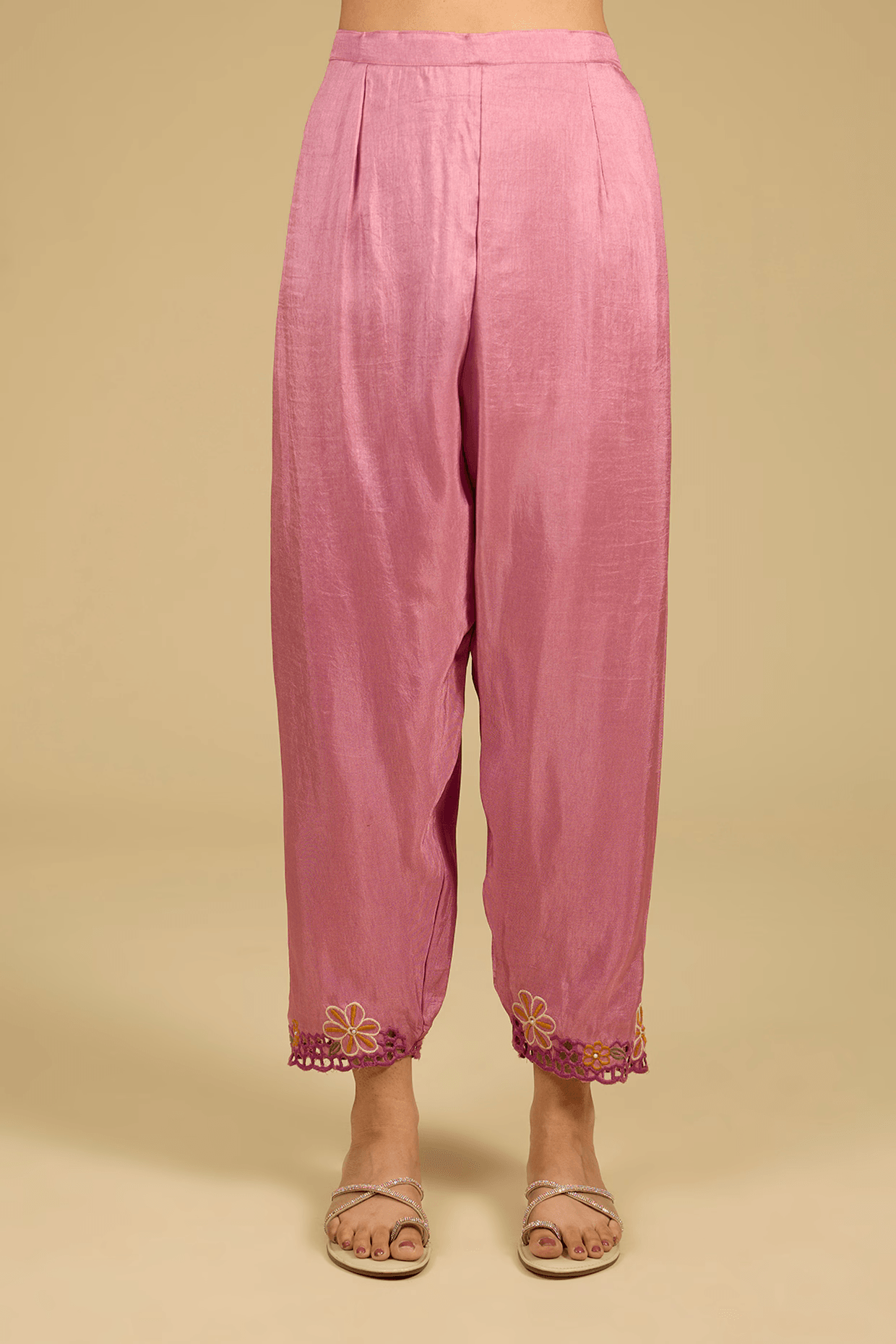 Lavender Pink Cotton Chanderi Thread Work Kurta Set