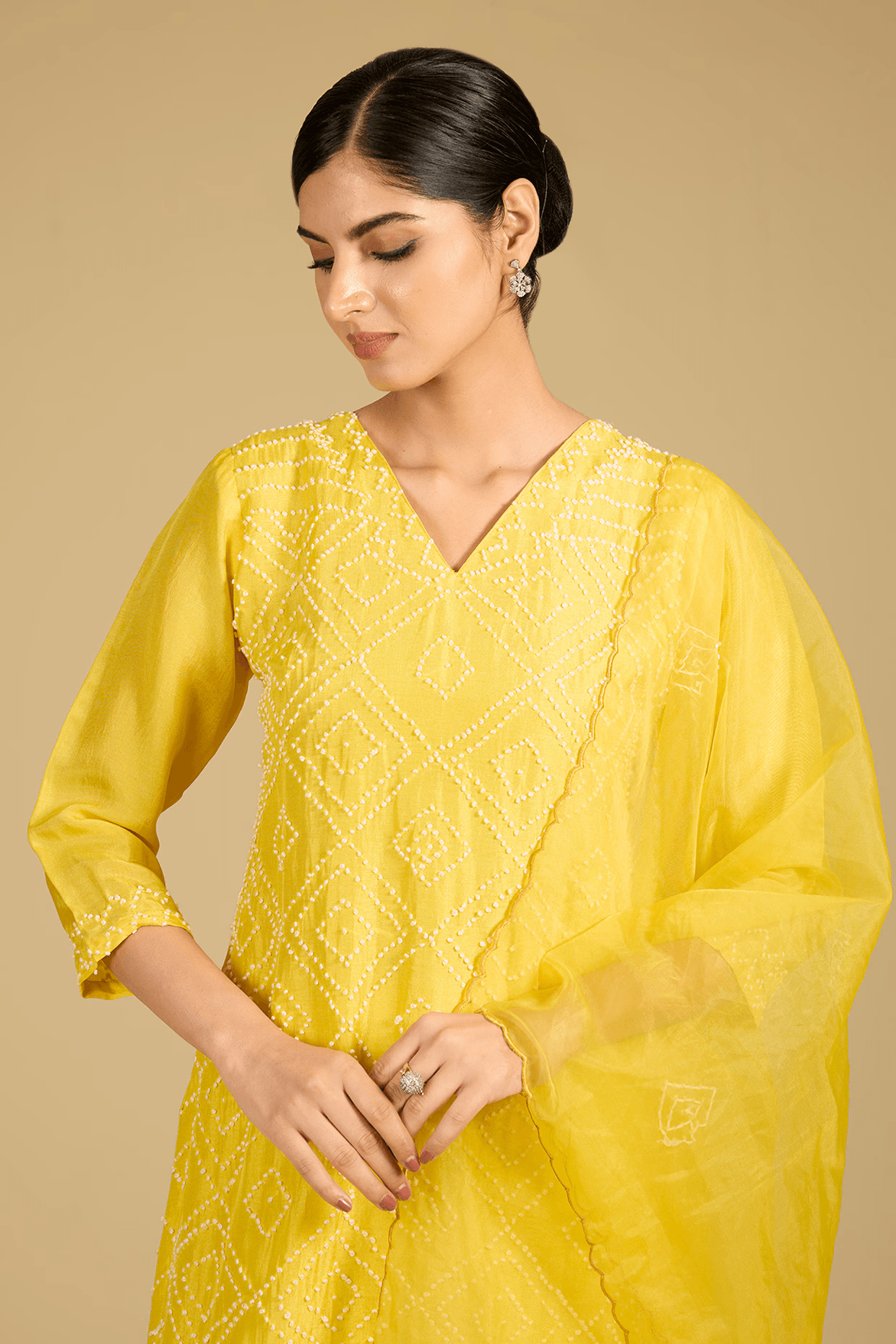 Yellow Cotton Chanderi Hand Embroidered Kurta Set