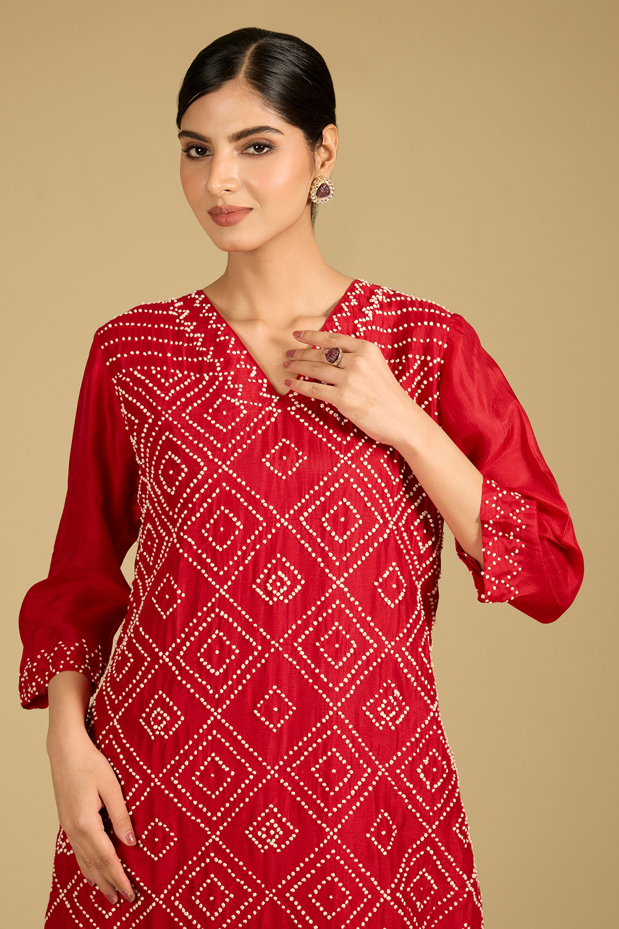 Red Cotton Chanderi Hand Embroidered Kurta Set