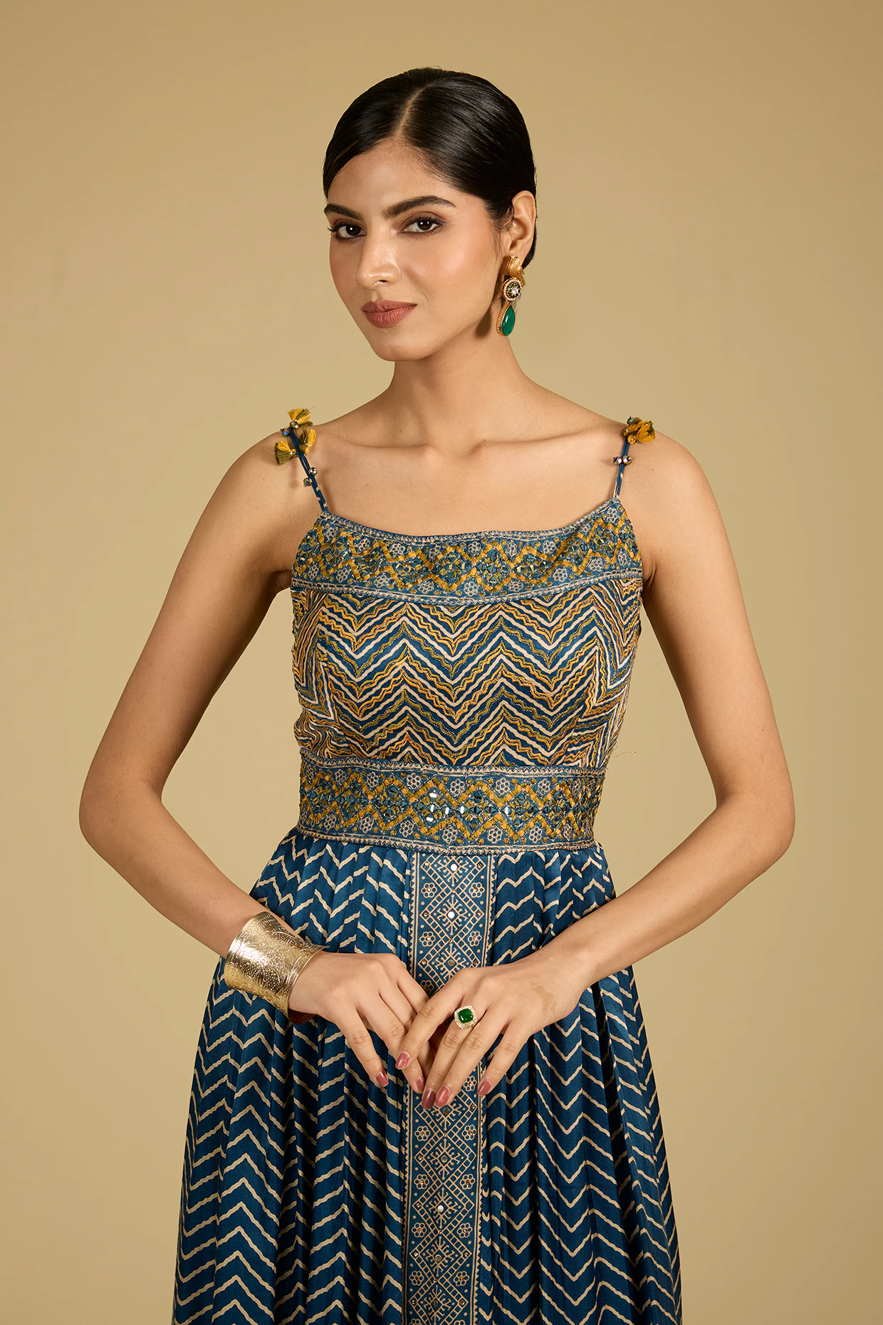 Cobalt Blue Mashru Silk Printed & Mirror Work Anarkali Set