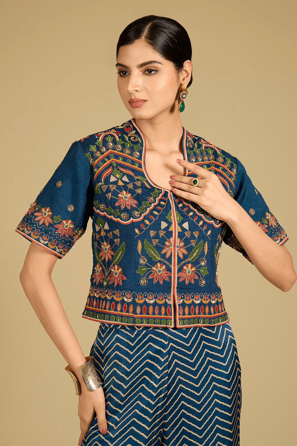 Cobalt Blue Mashru Satin Palazzo Pant Set