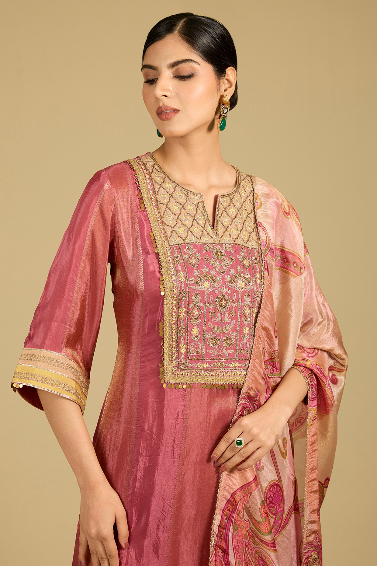 Deep Salmon Pink Shimmer Tissue Zari Work Kurta Set