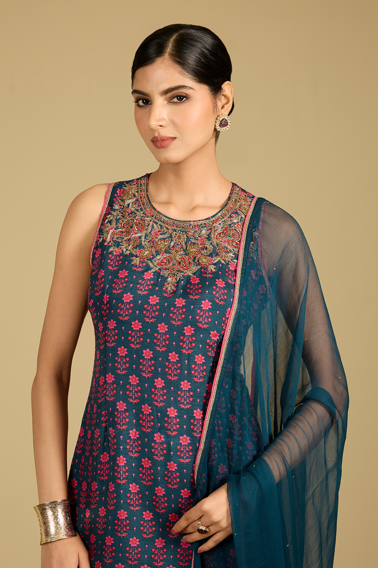 Cobalt Blue Dola Silk Zardosi Work & Printed Kurta Set
