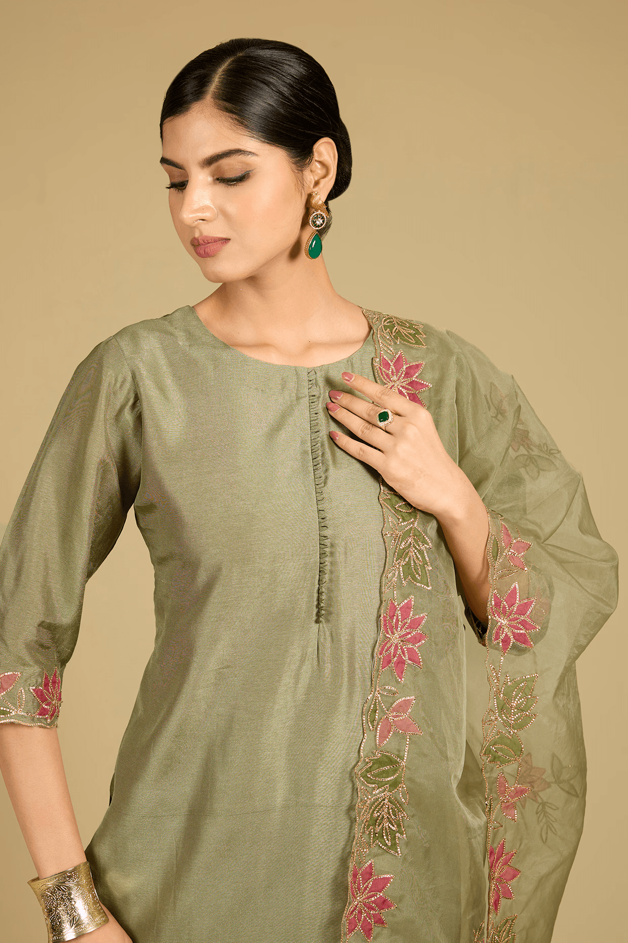 Sage Green Cotton Chanderi Applique Work Kurta Set