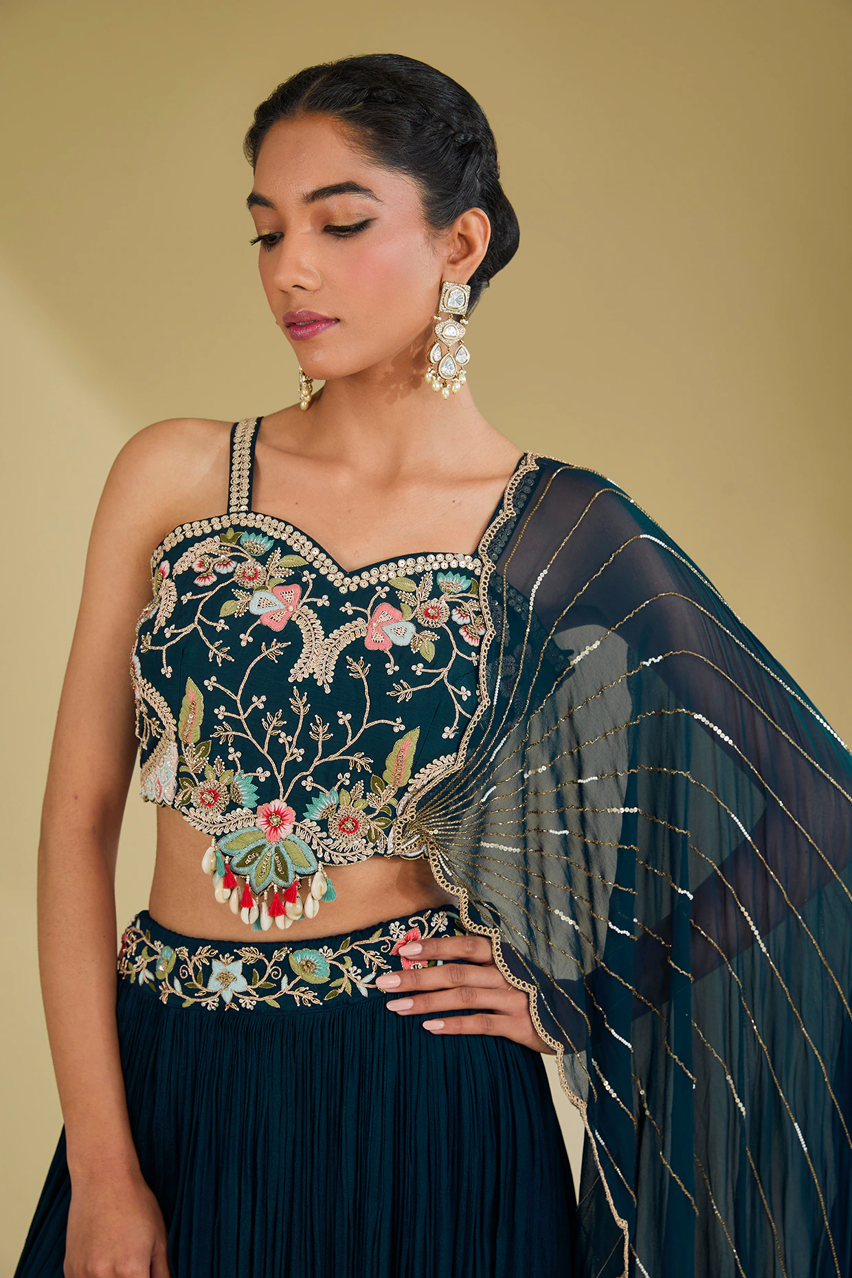 Blue Chinon Georgette Resham & Dabka Embroidered Lehenga Set