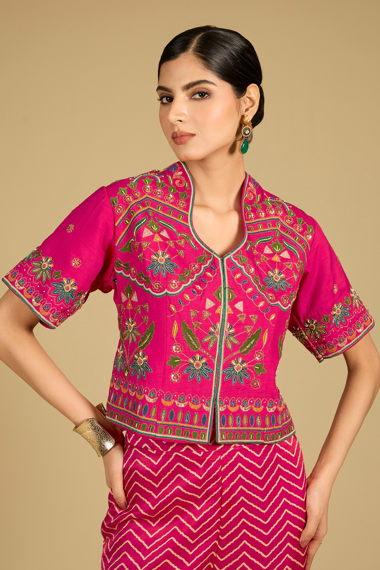 Fuchsia Pink Mashru Satin Palazzo Pant Set
