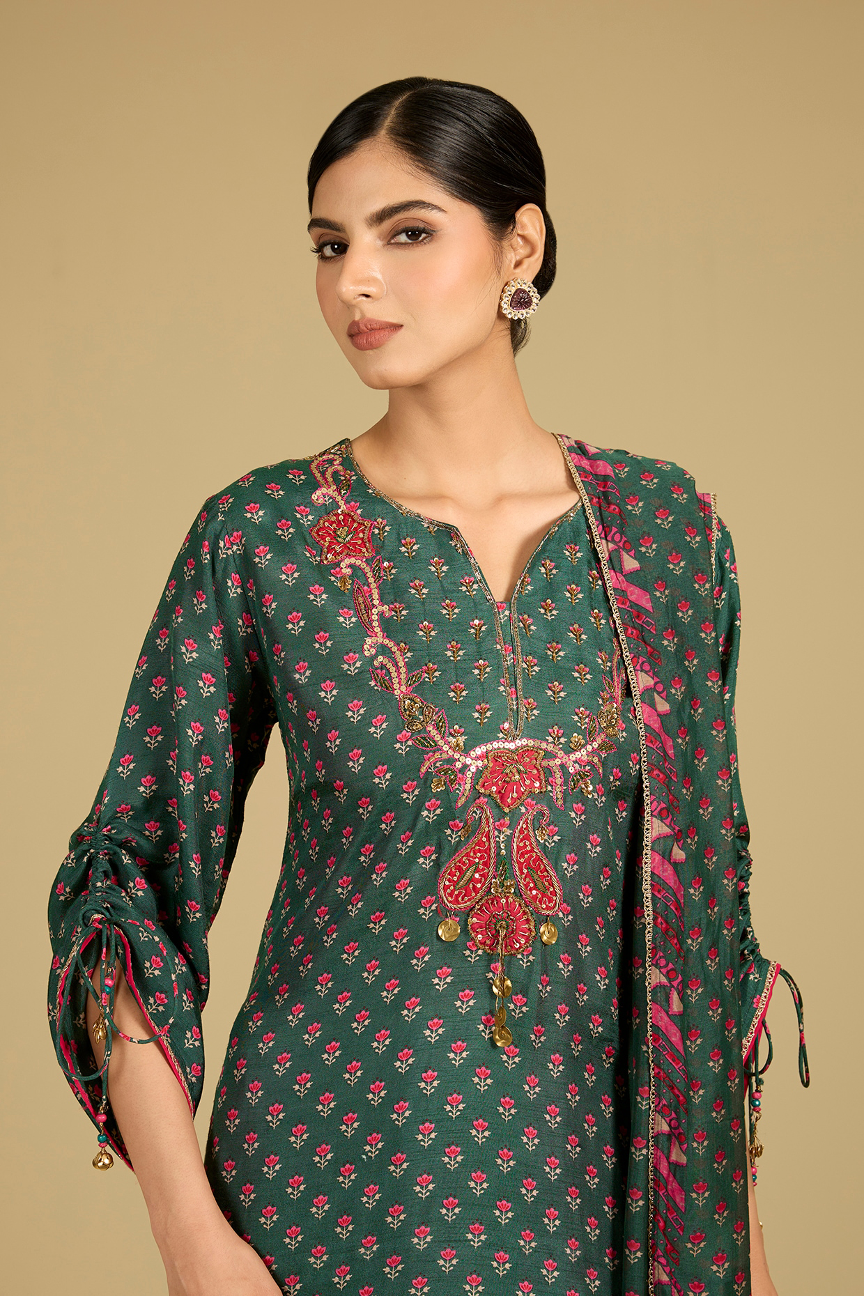 Amazon Green Dola Silk Printed & Bead Work Kurta Set