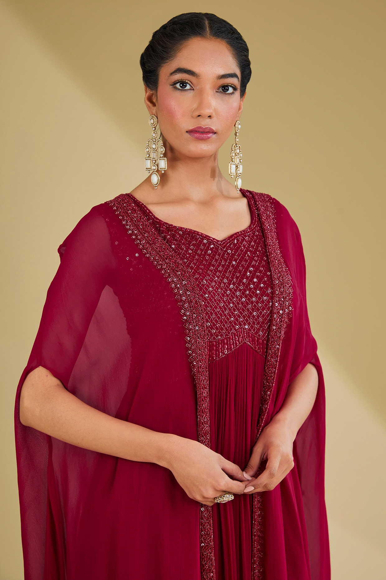 Red Georgette Sequins Embroidered Gown With Jacket