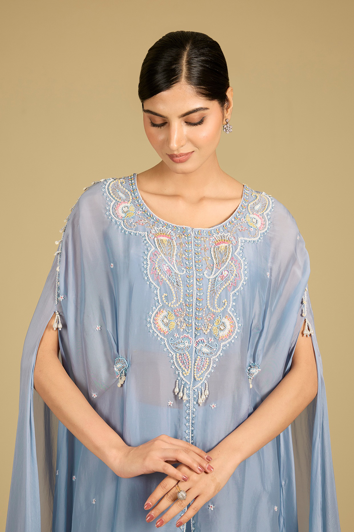 Cornflower Blue Silk Organza Zardosi Work Cape Set