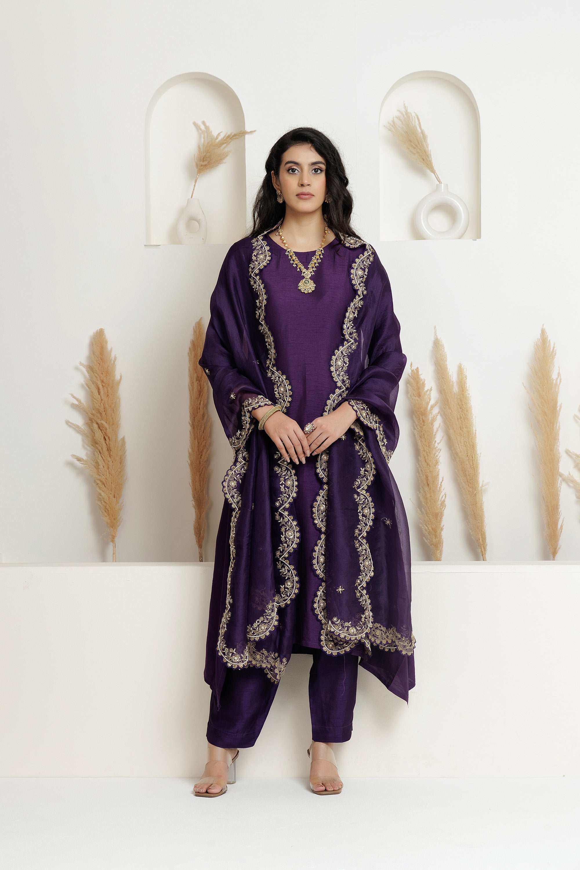 Purple A line Suit set with Organza Dupatta