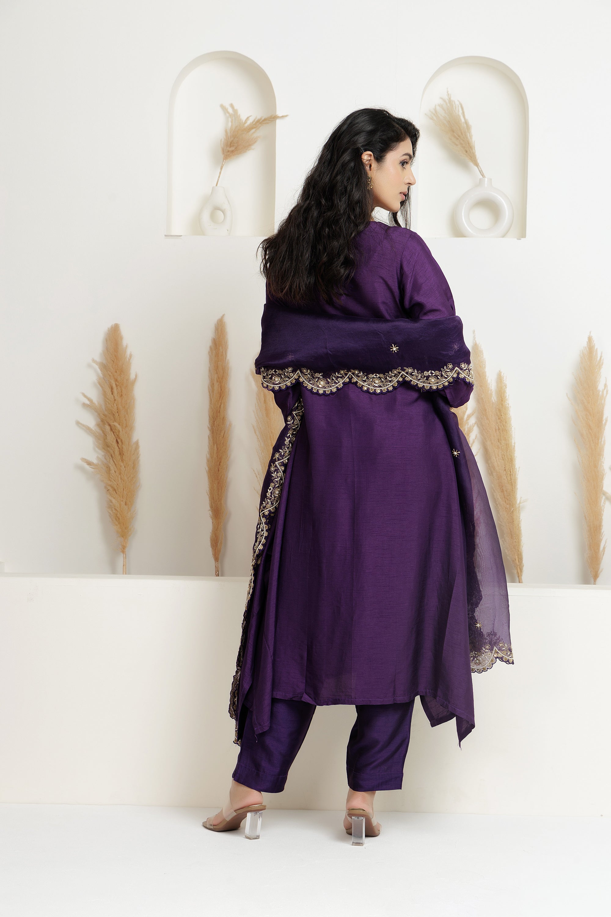 Purple A line Suit set with Organza Dupatta