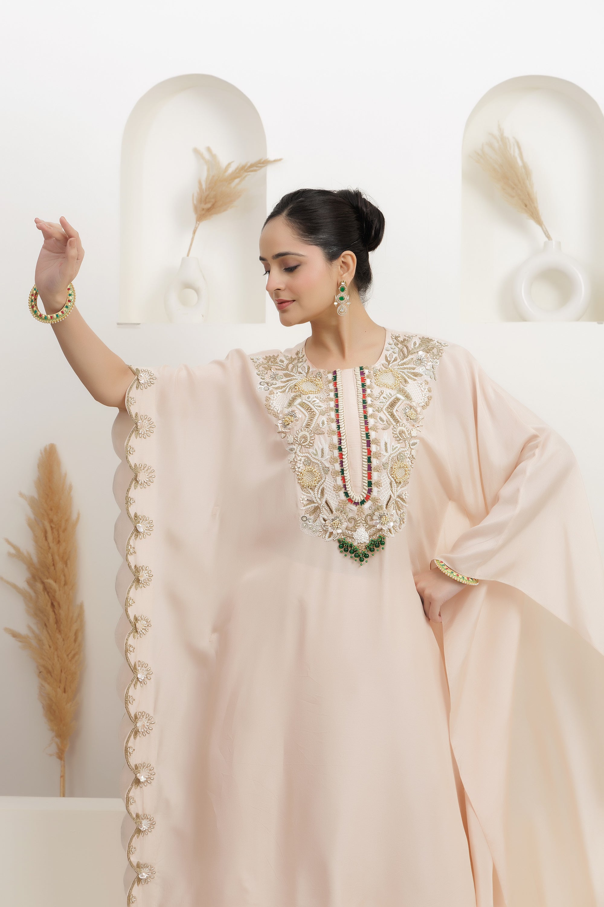 Power pink one side kafttan draped long cape with palazzo set.