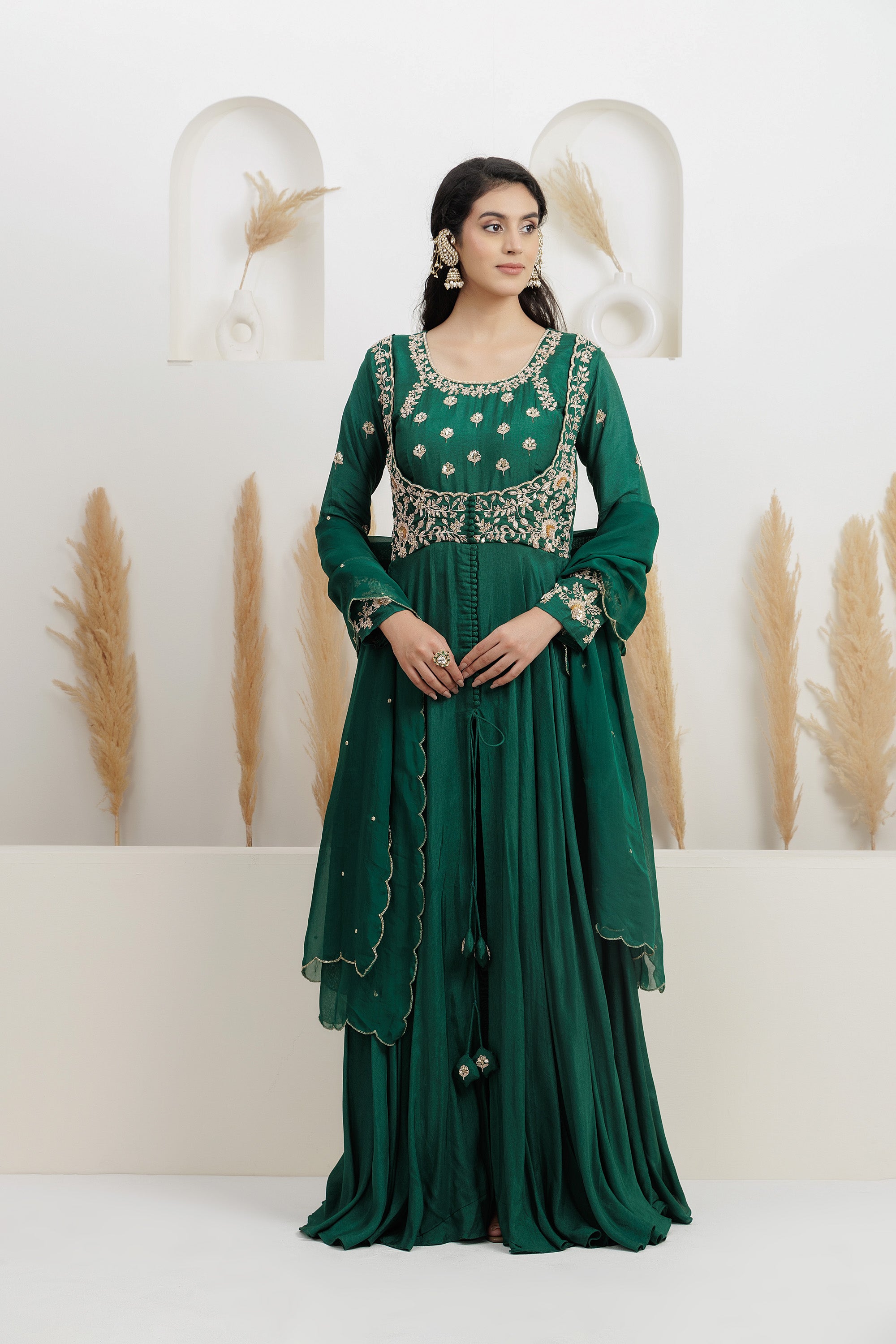 Bottle Green Dupion Silk Dabka Embroidered front open Anarkali with pants and dupatta.