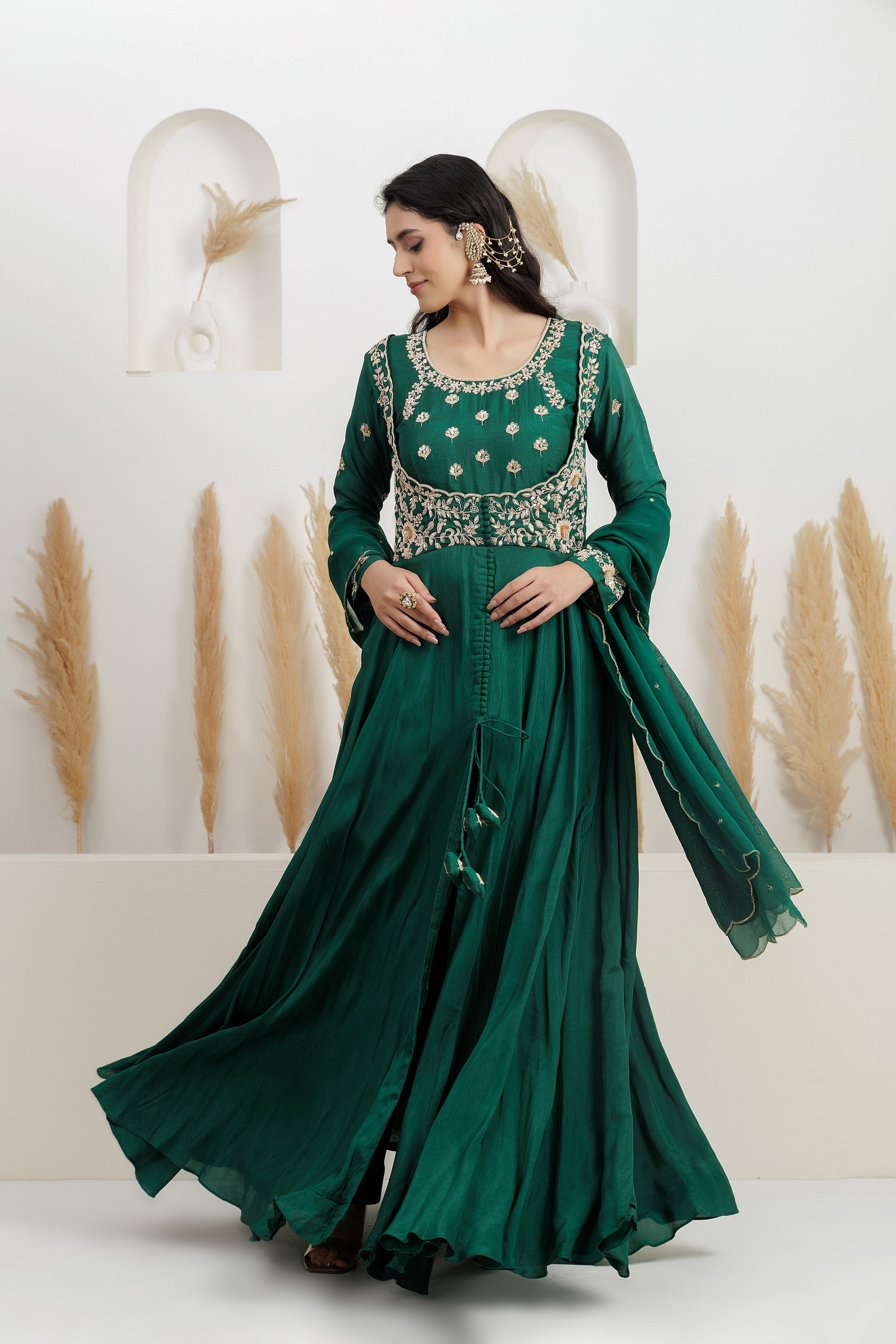 Bottle Green Dupion Silk Dabka Embroidered front open Anarkali with pants and dupatta.