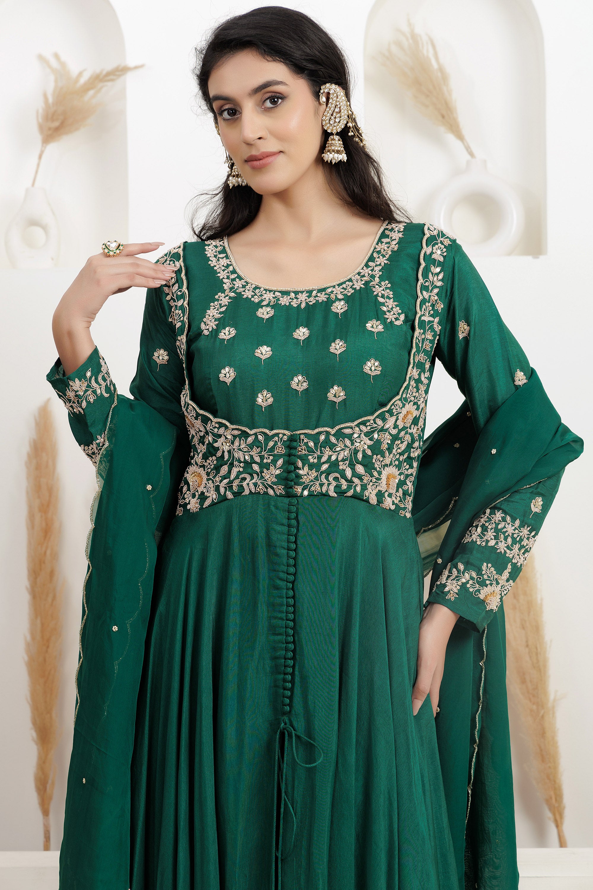 Bottle Green Dupion Silk Dabka Embroidered front open Anarkali with pants and dupatta.