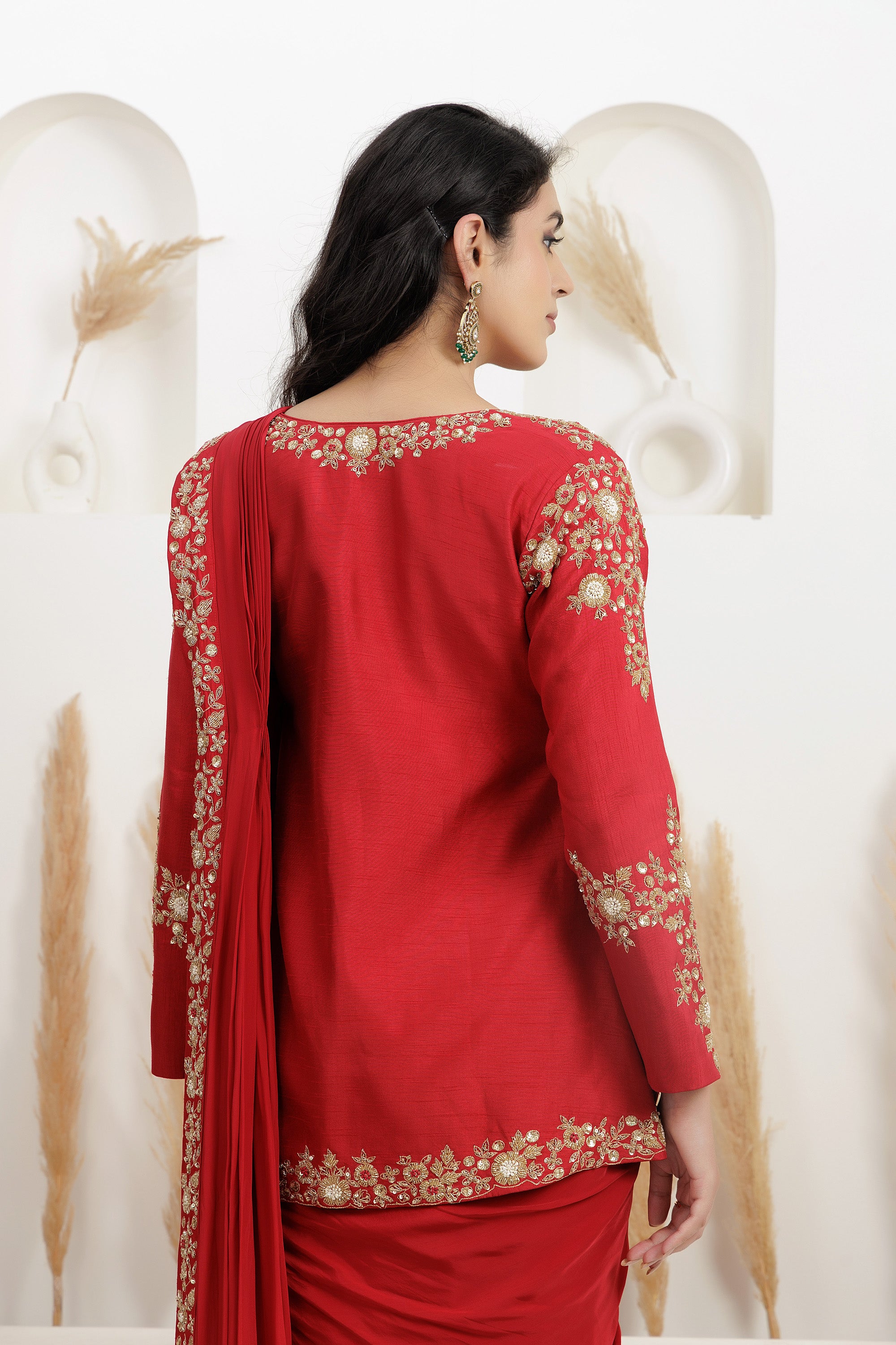 Red Crepe Draped Saree with high low Blouse Set