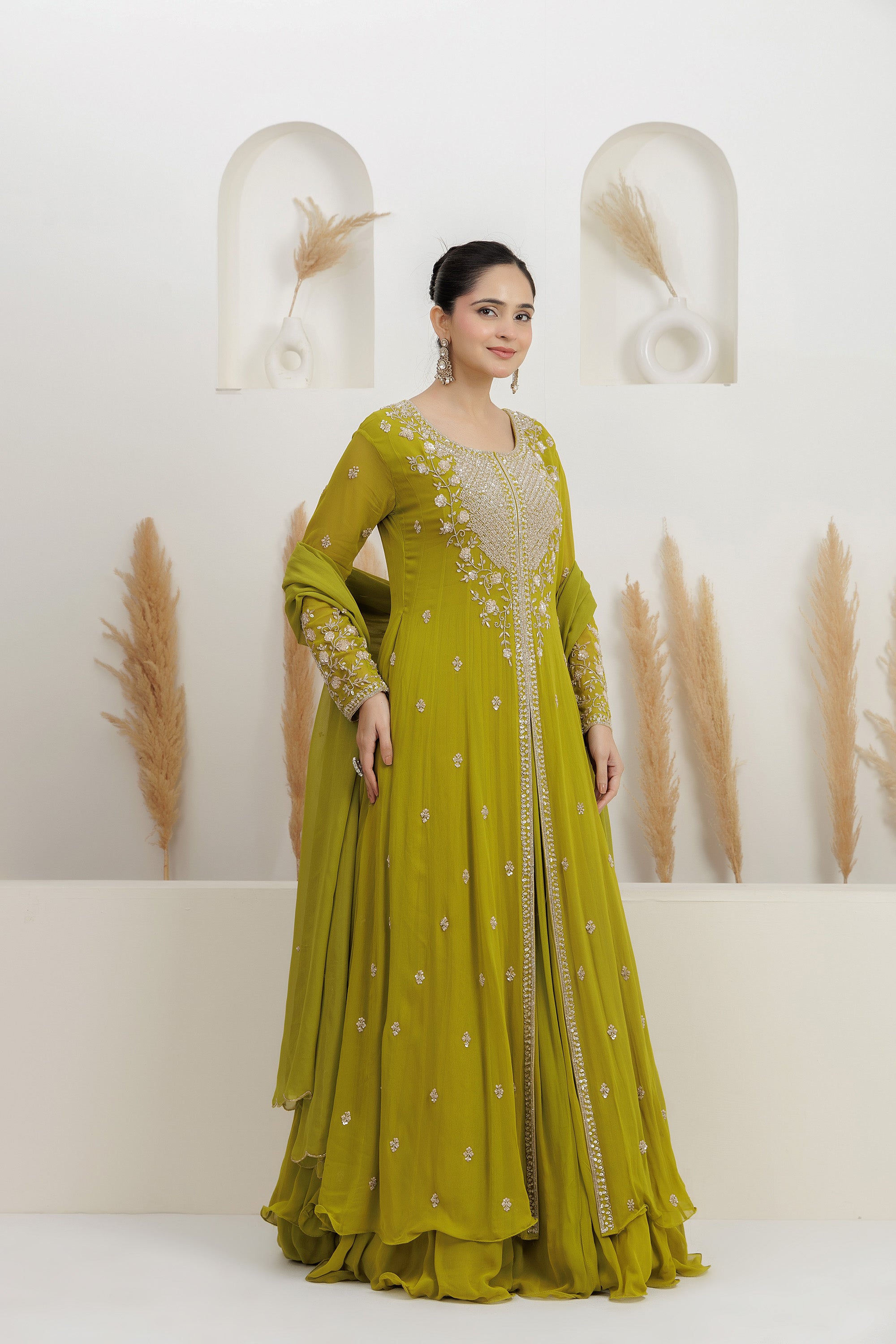 Green Georgette Embroidered Anarkali with Dupatta.