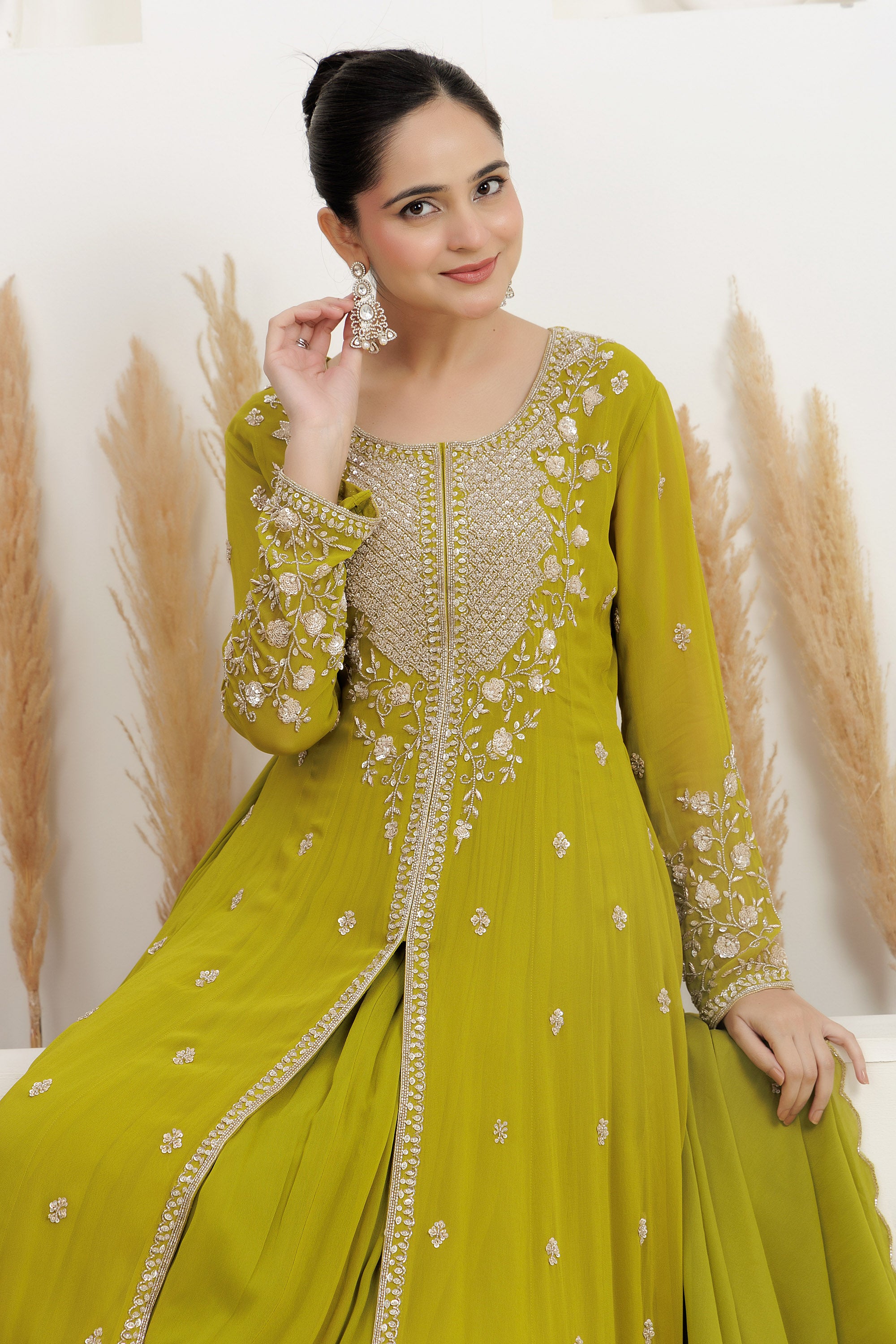 Green Georgette Embroidered Anarkali with Dupatta.