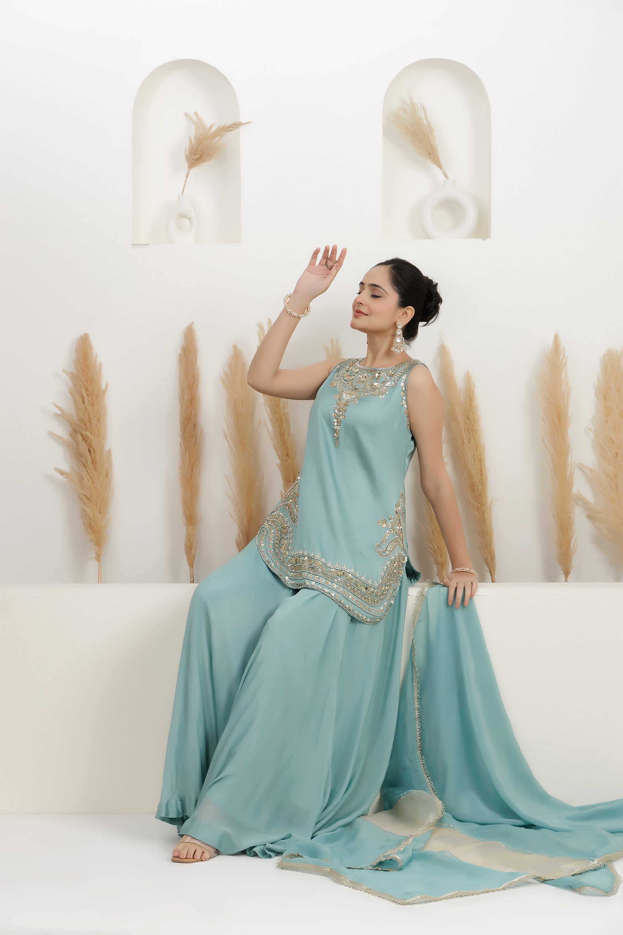 Ice-Blue satin silk Embroidered sharara suit set