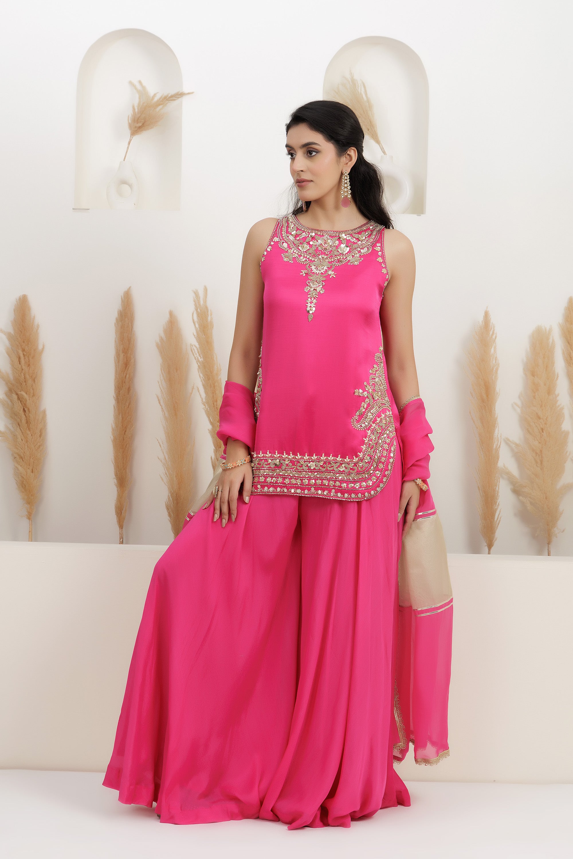 fuchsia pink satin silk Embroidered sharara suit set