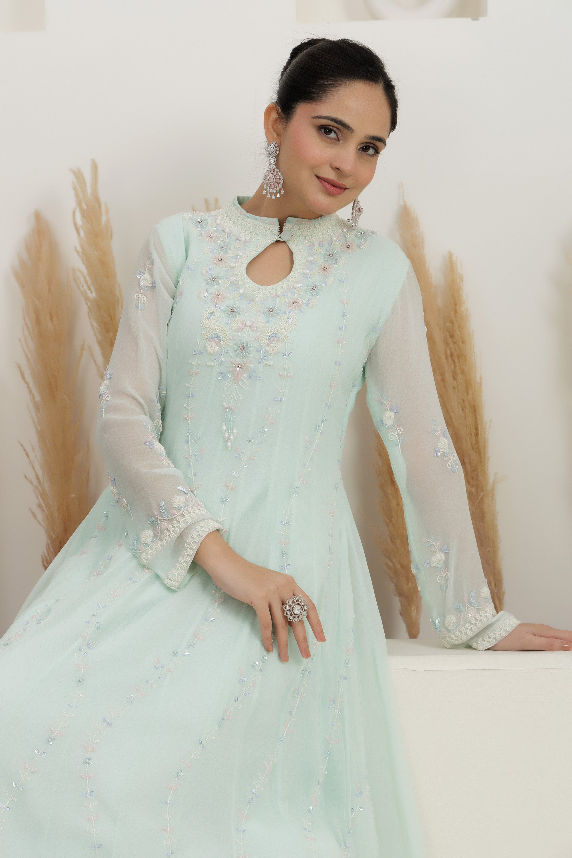 Ice-Blue Georgette Embroidered Gown.