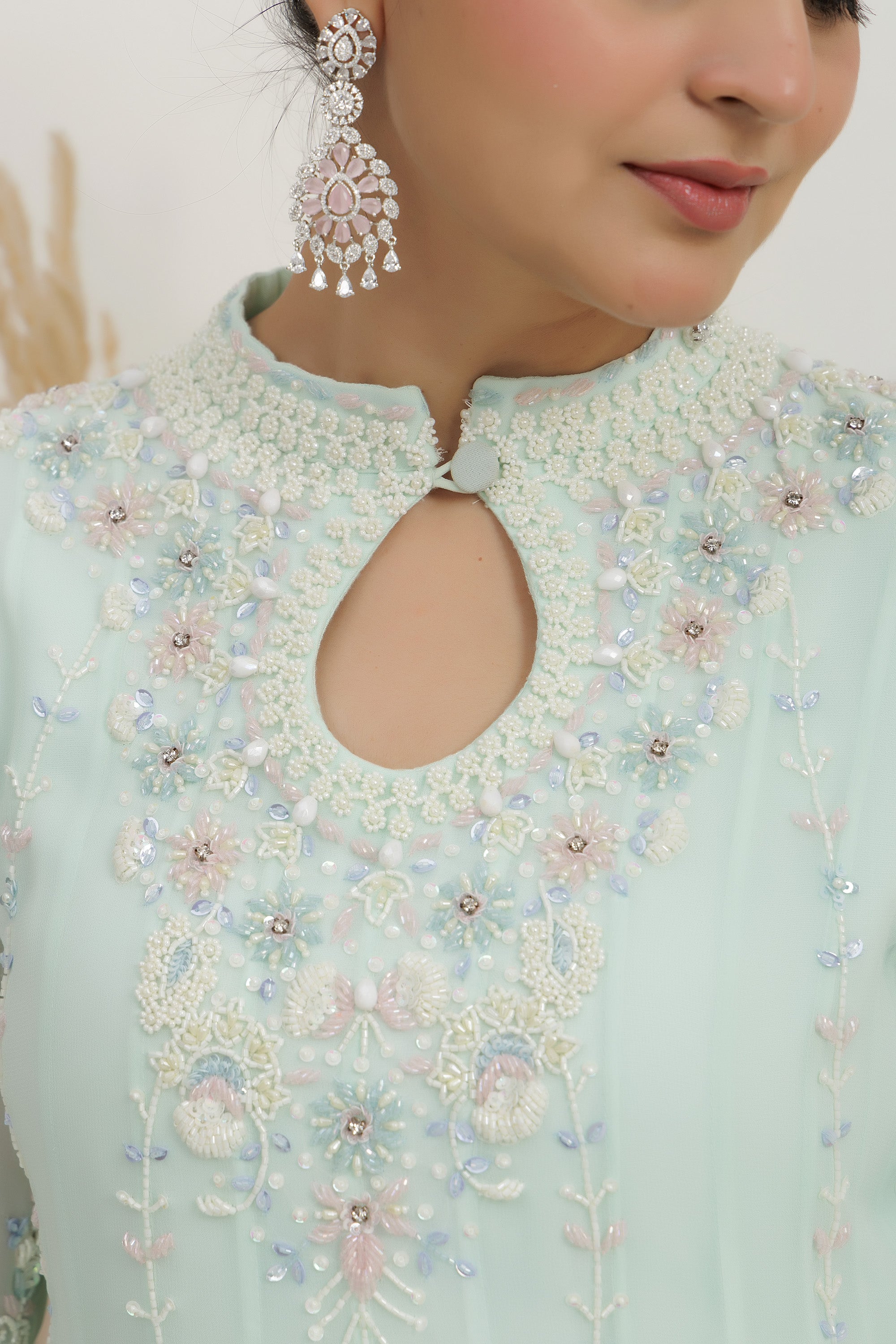Ice-Blue Georgette Embroidered Gown.