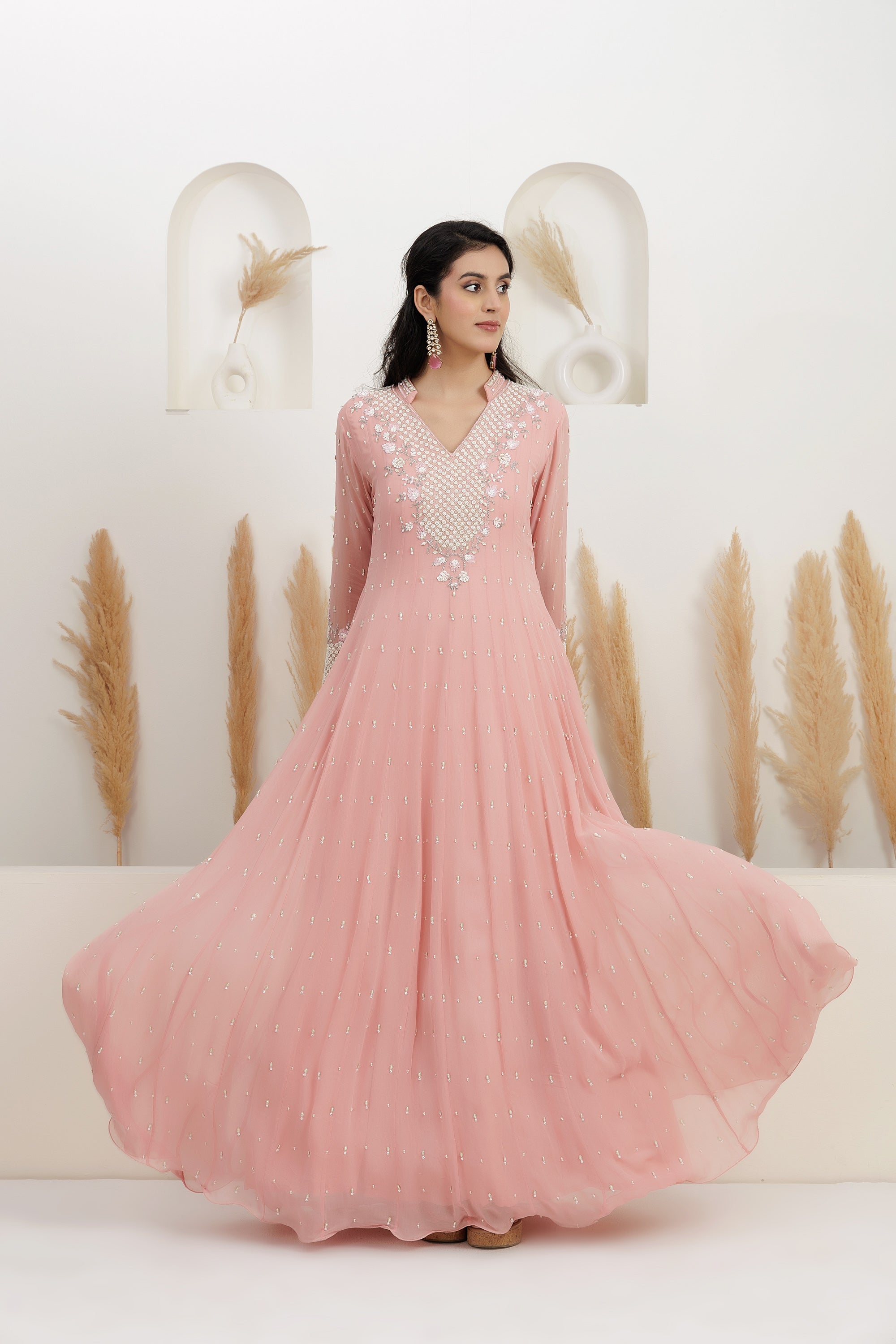 Peach Georgette Embroidered Gown.