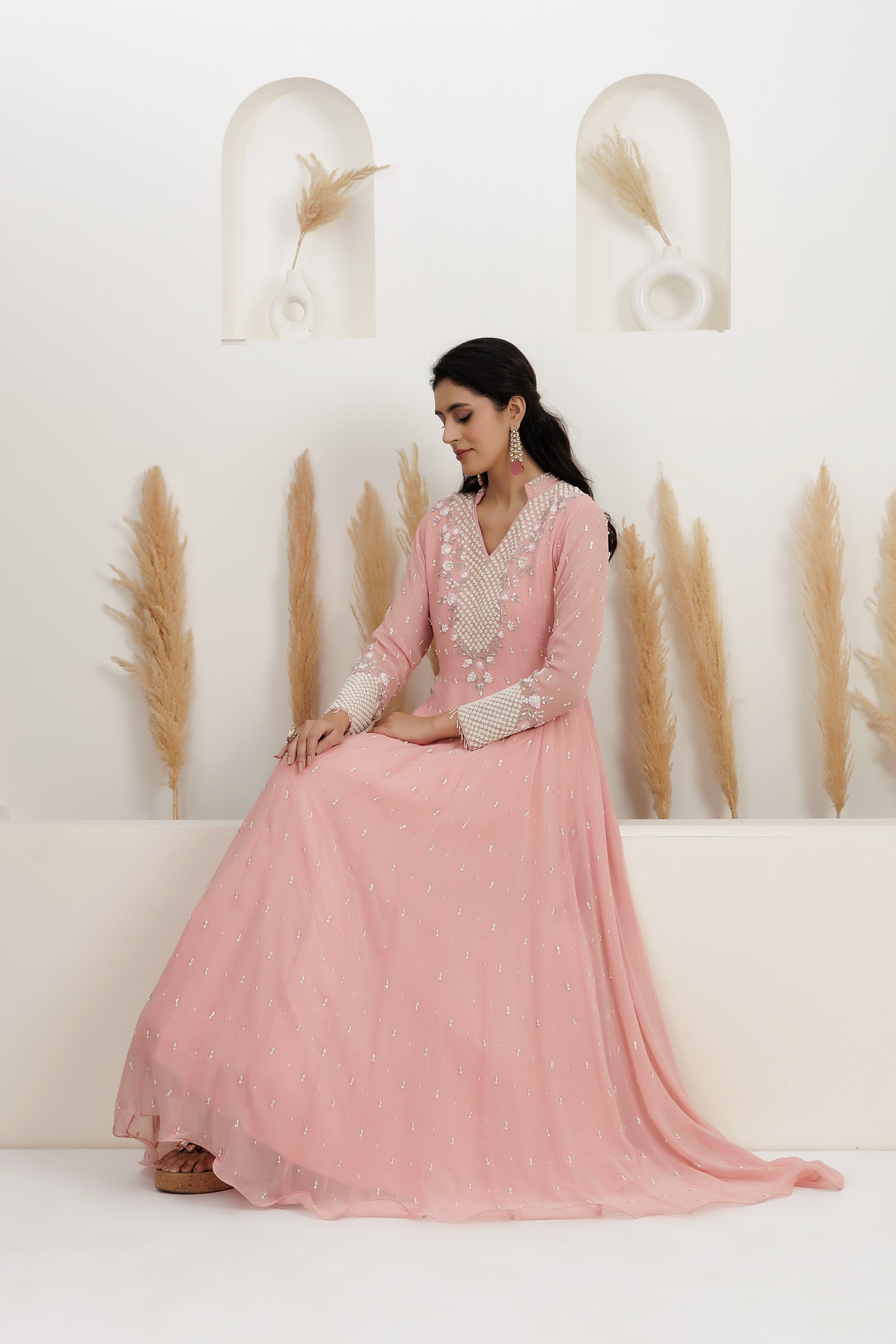 Peach Georgette Embroidered Gown.