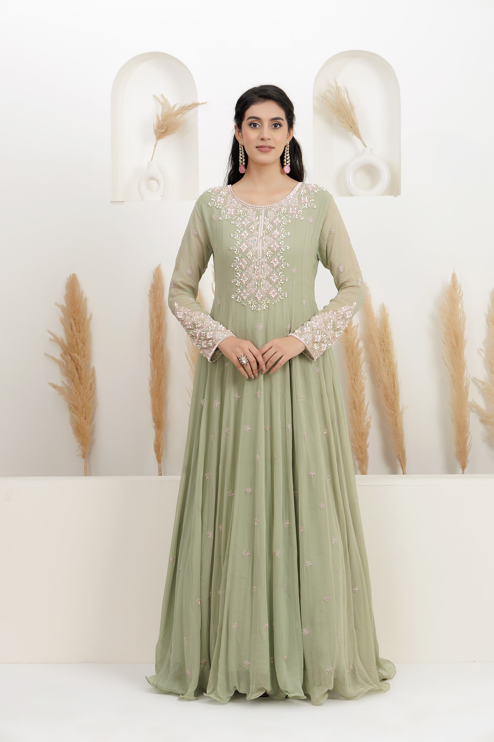 sage Green Georgette Embroidered Gown.