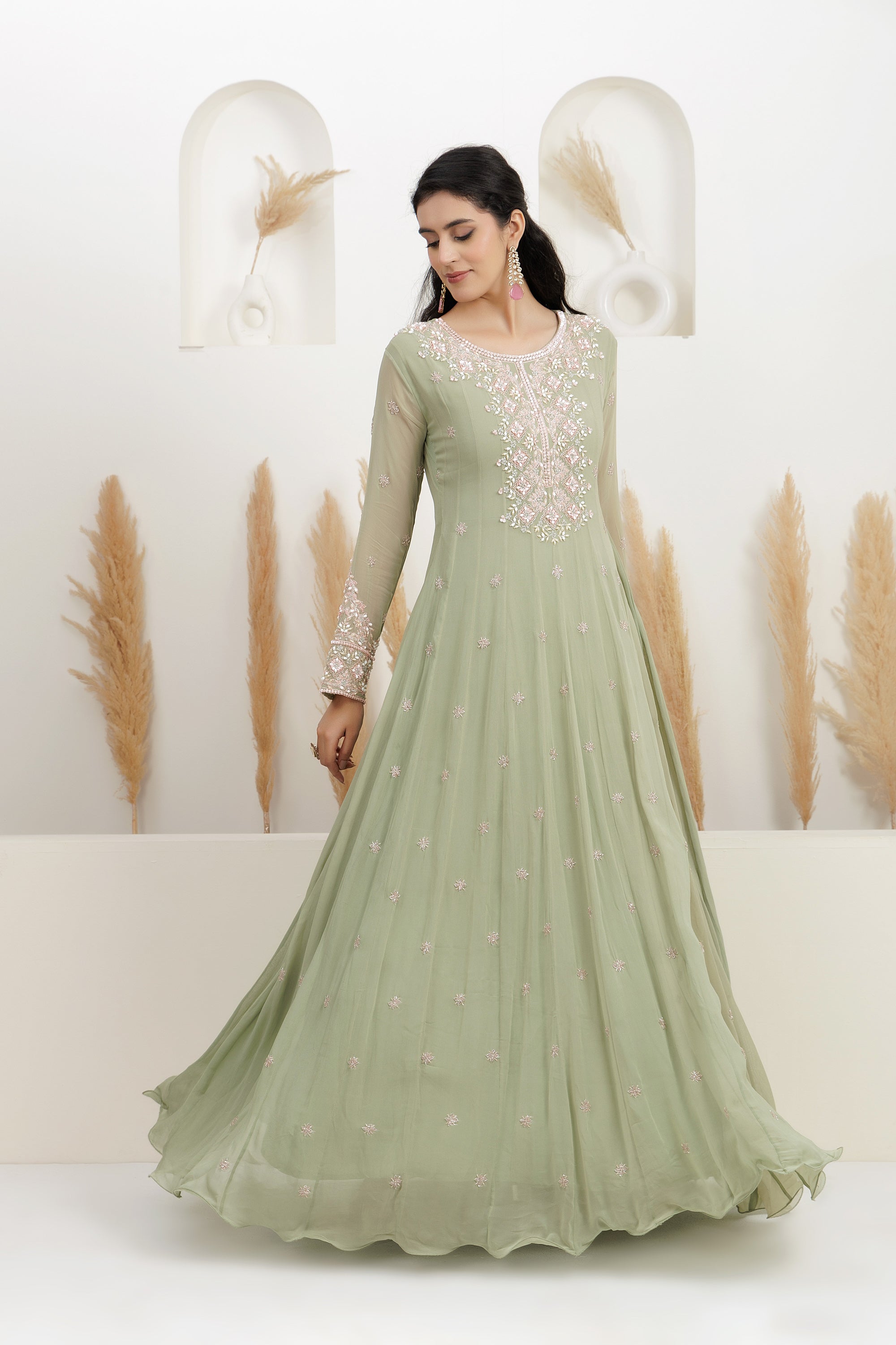 sage Green Georgette Embroidered Gown.