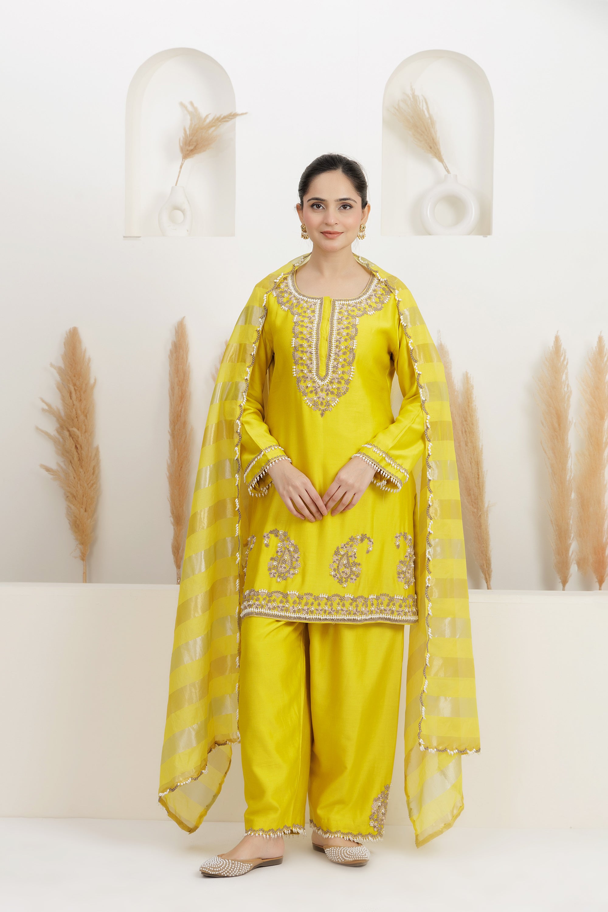 Mustard yellow Pure chanderi Silk Embroidered Suit with pants and dupatta Set.