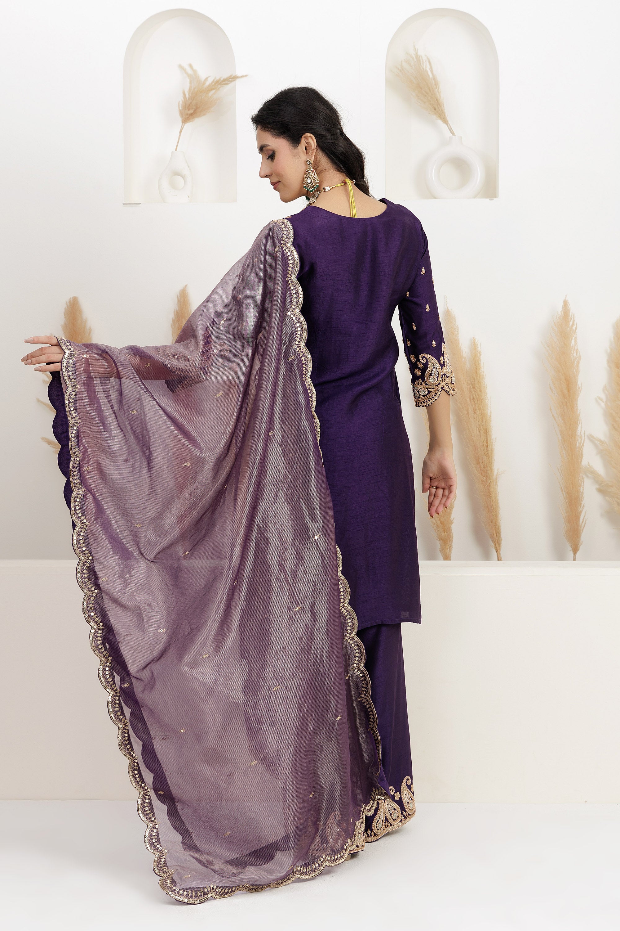 purple bamber silk embroidered suit with palazzo and dupatta.