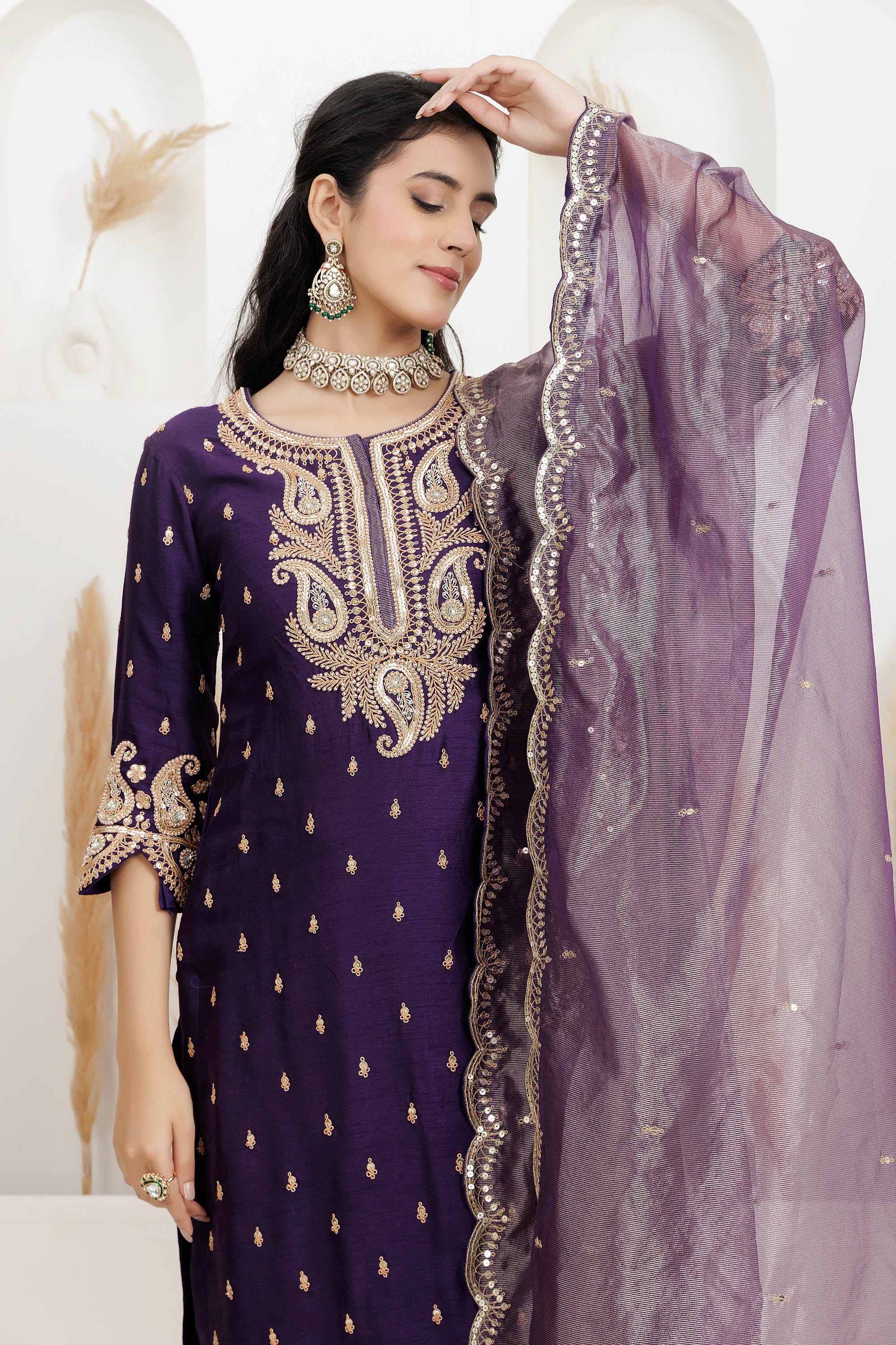 purple bamber silk embroidered suit with palazzo and dupatta.
