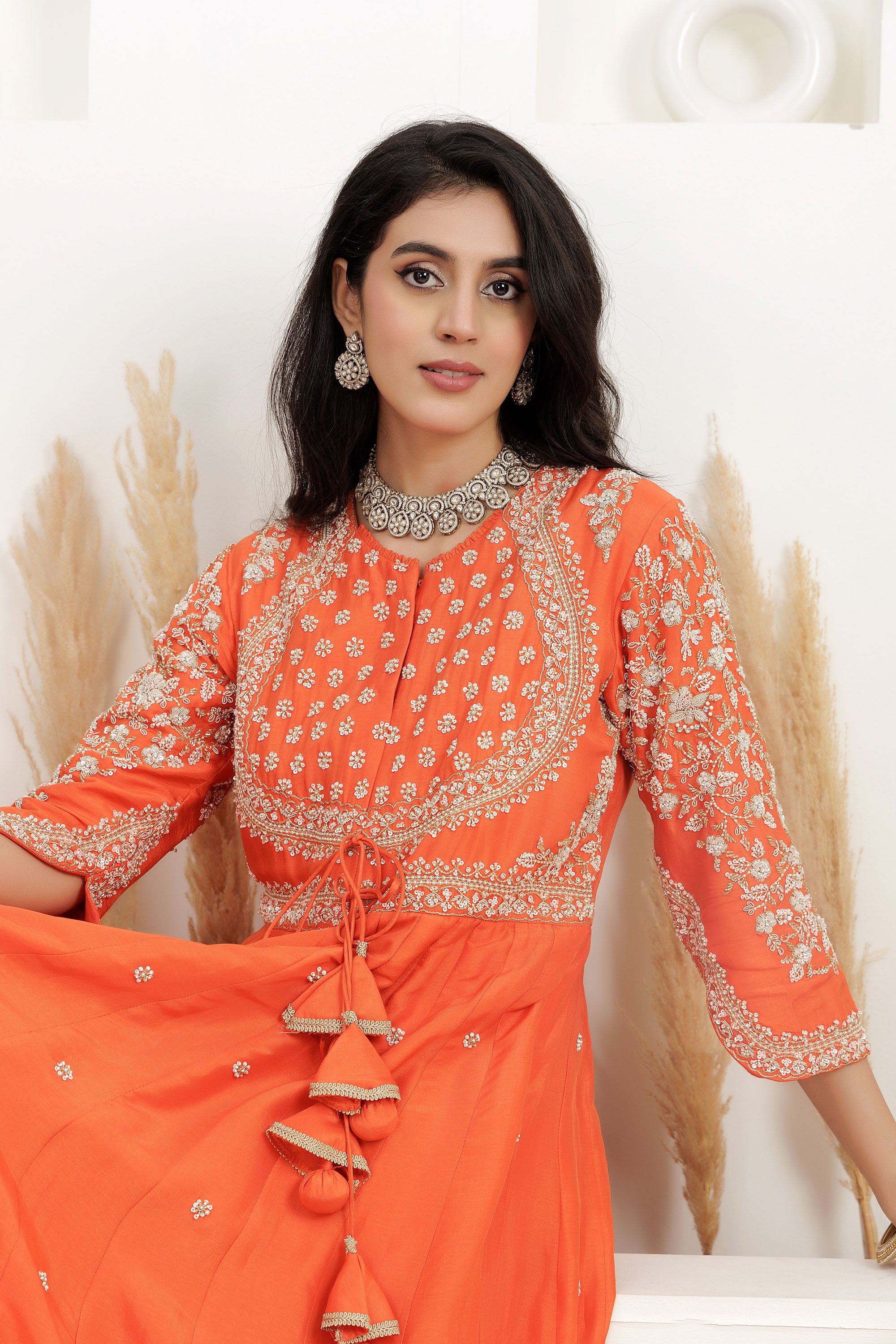 Rust Dupion Silk Embroidered Anarkali Suit with Dupatta.